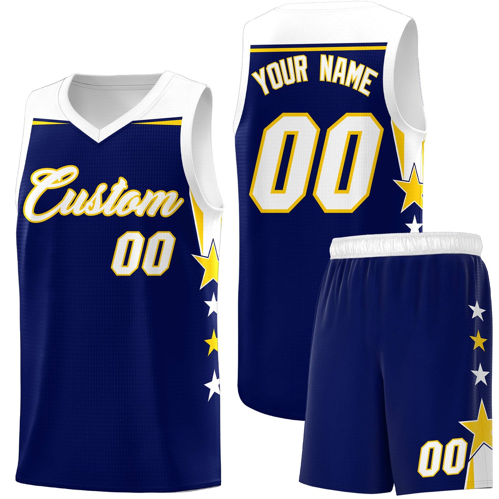 Custom Youth Basketball Uniform Navy White Two Tone Side Star Add Name Number & Logo
