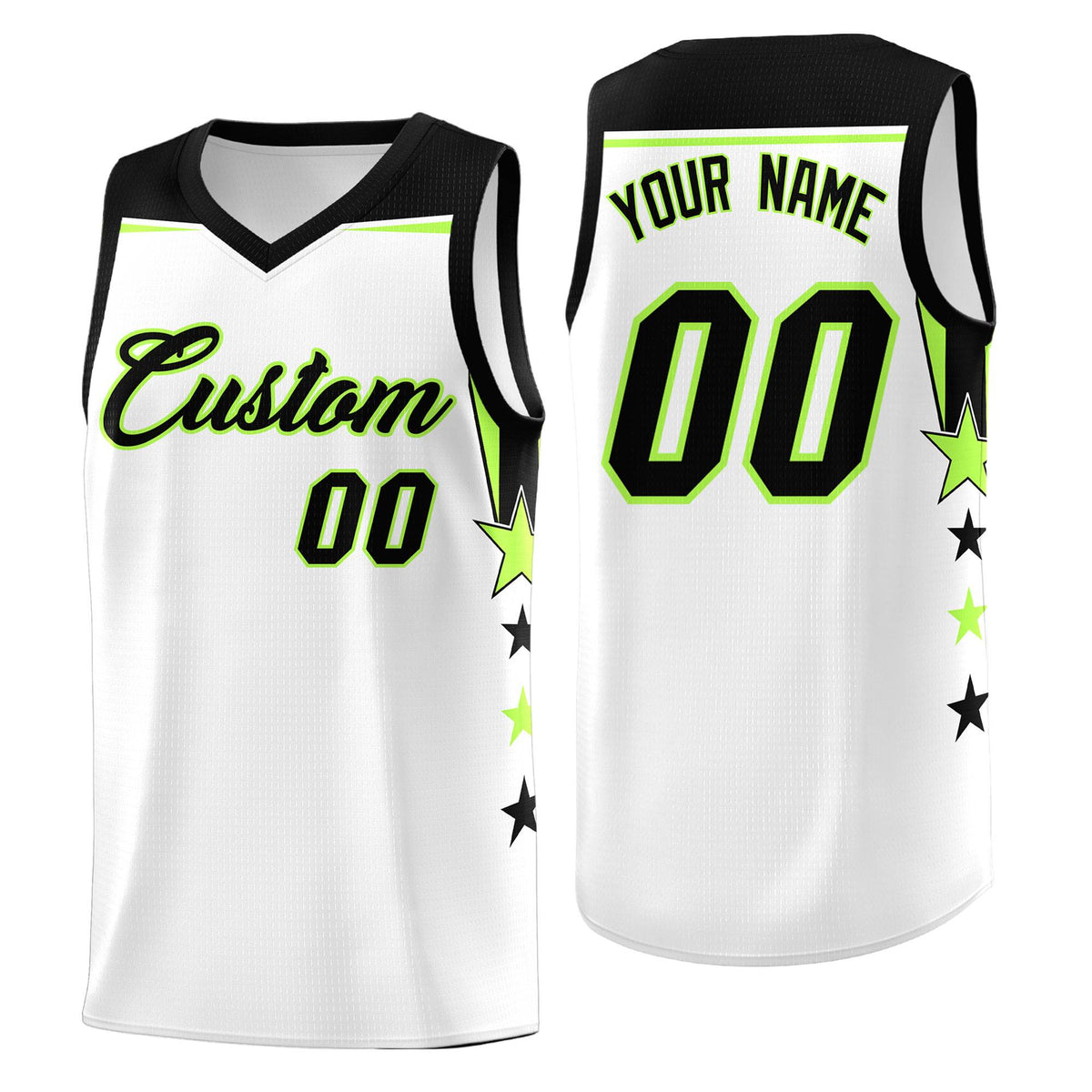 Custom Youth Basketball Uniform White Black Two Tone Side Star Add Name Number &amp; Logo
