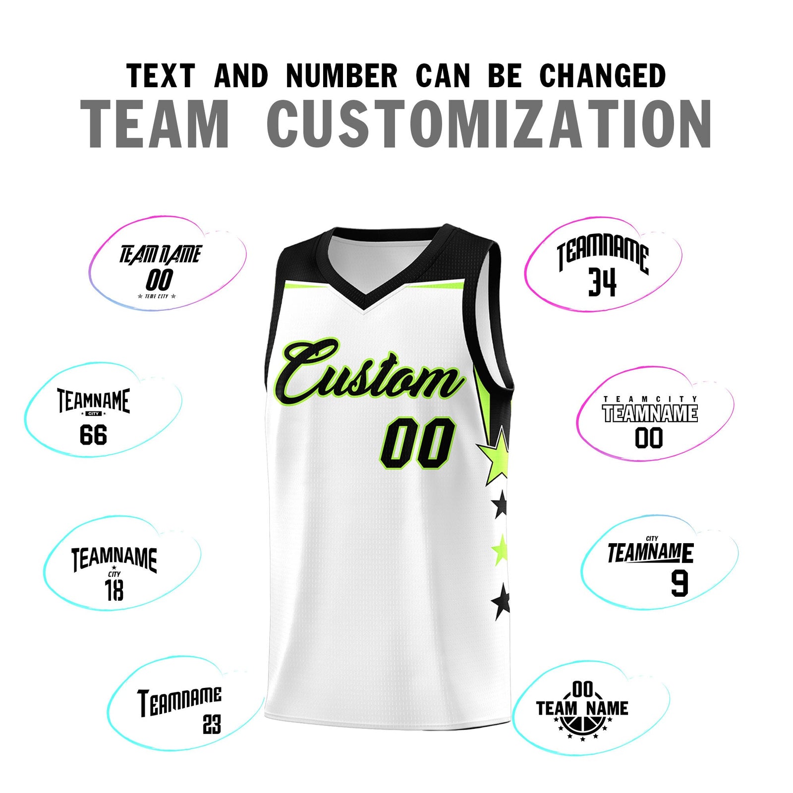 Custom Youth Basketball Uniform White Black Two Tone Side Star Add Name Number & Logo