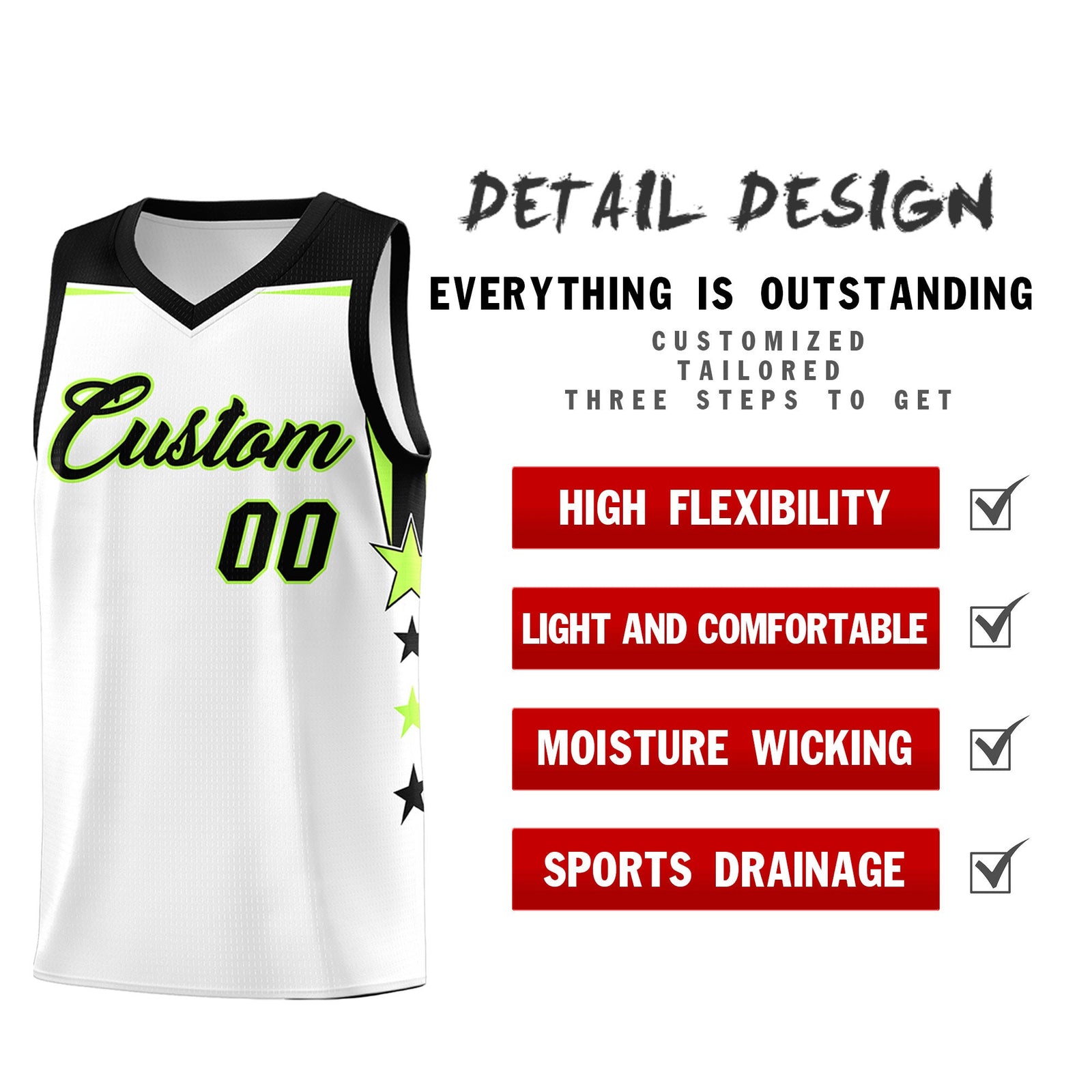 Custom Youth Basketball Uniform White Black Two Tone Side Star Add Name Number & Logo