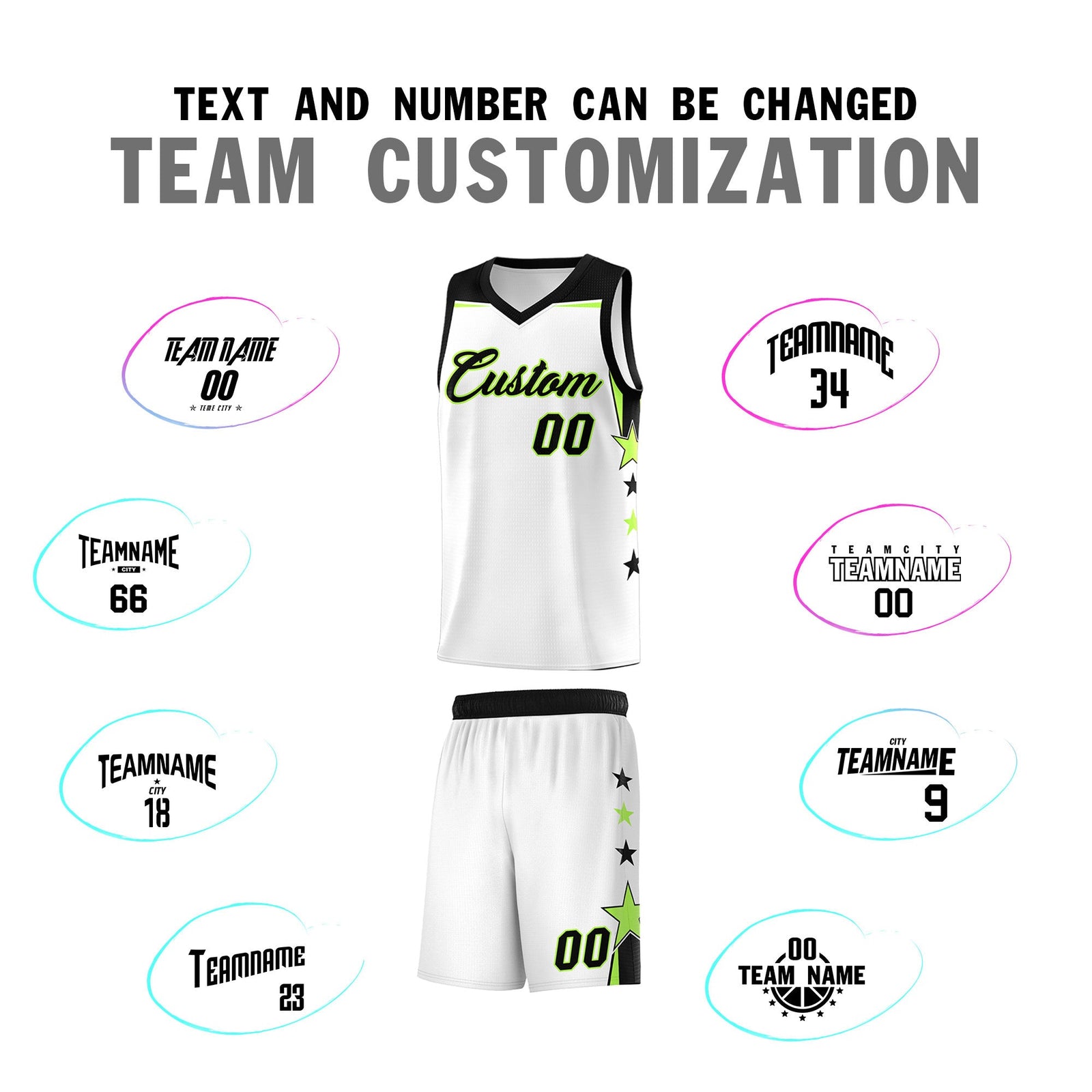 Custom Youth Basketball Uniform White Black Two Tone Side Star Add Name Number & Logo