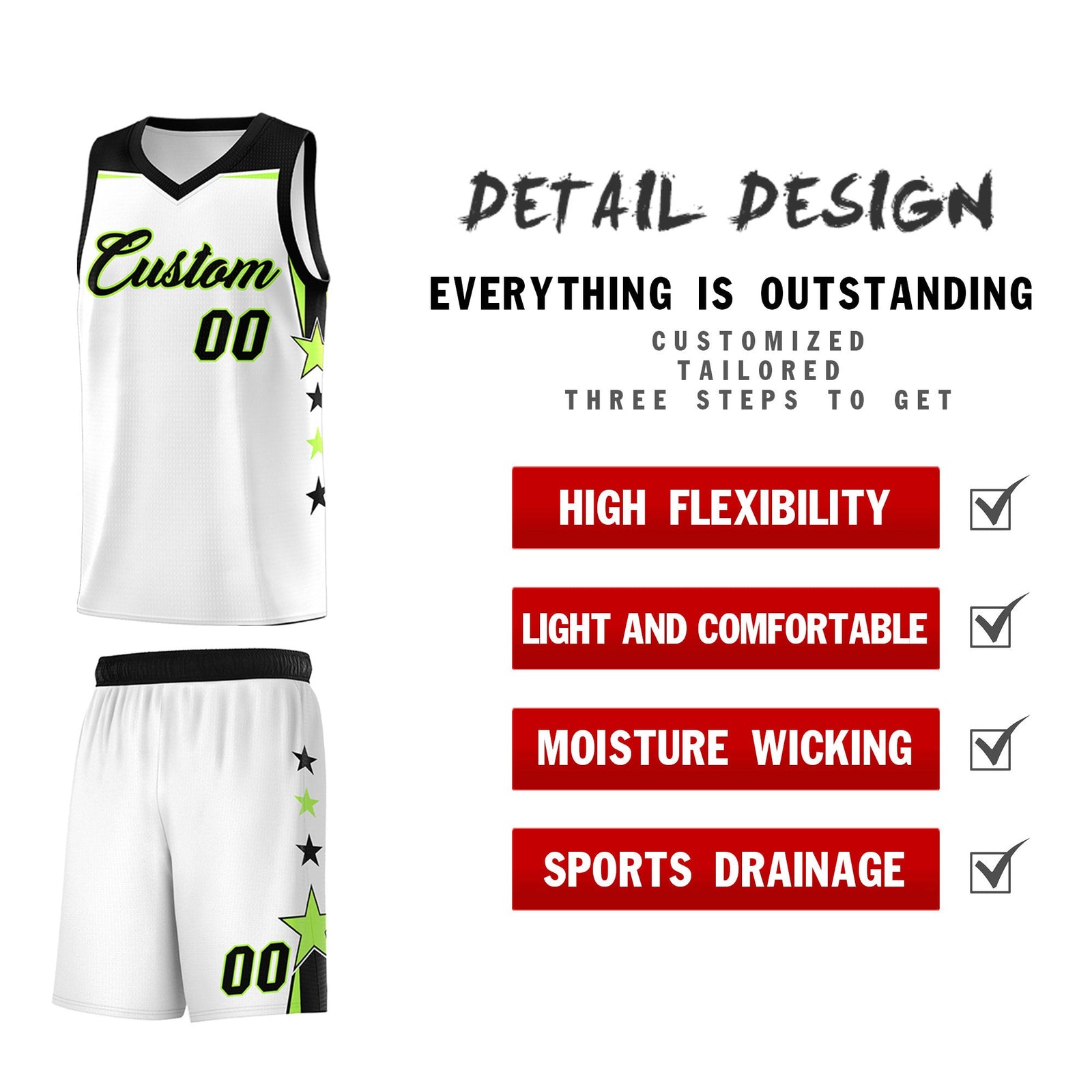Custom Youth Basketball Uniform White Black Two Tone Side Star Add Name Number & Logo