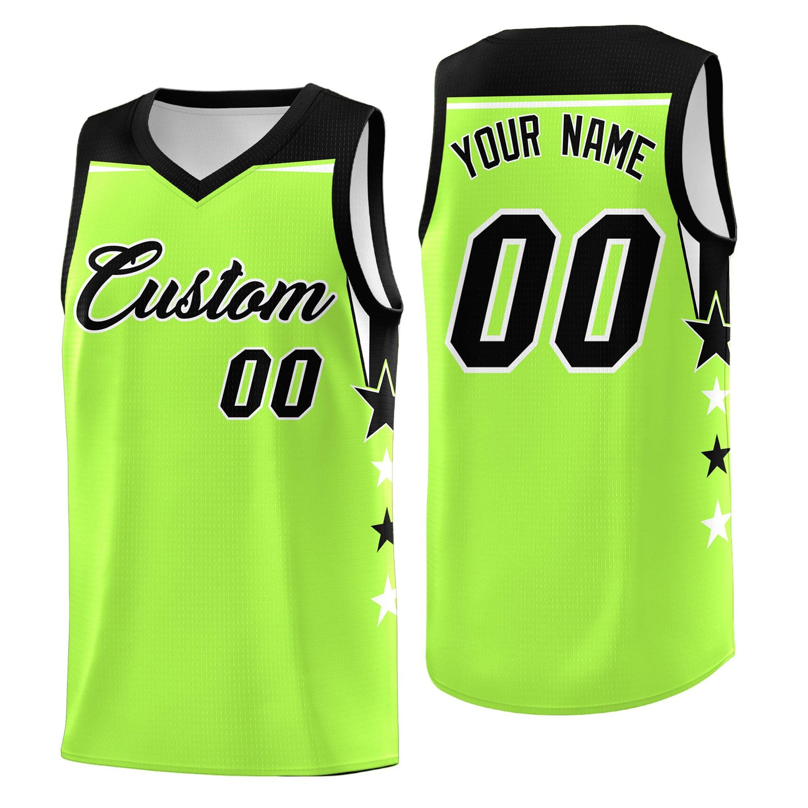 Custom Youth Basketball Uniform Fluorescent Green Black Two Tone Side Star Add Name Number & Logo