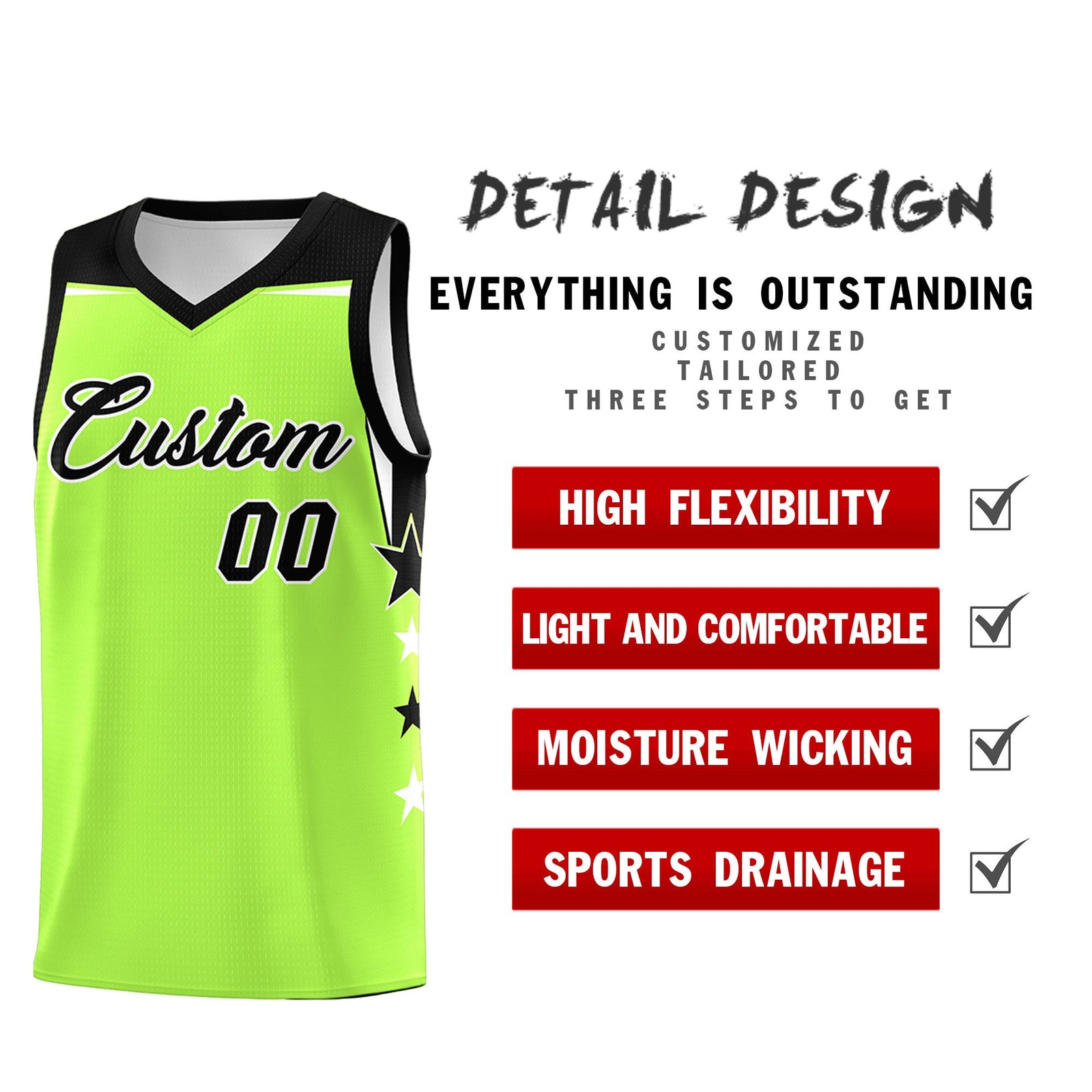Custom Youth Basketball Uniform Fluorescent Green Black Two Tone Side Star Add Name Number & Logo