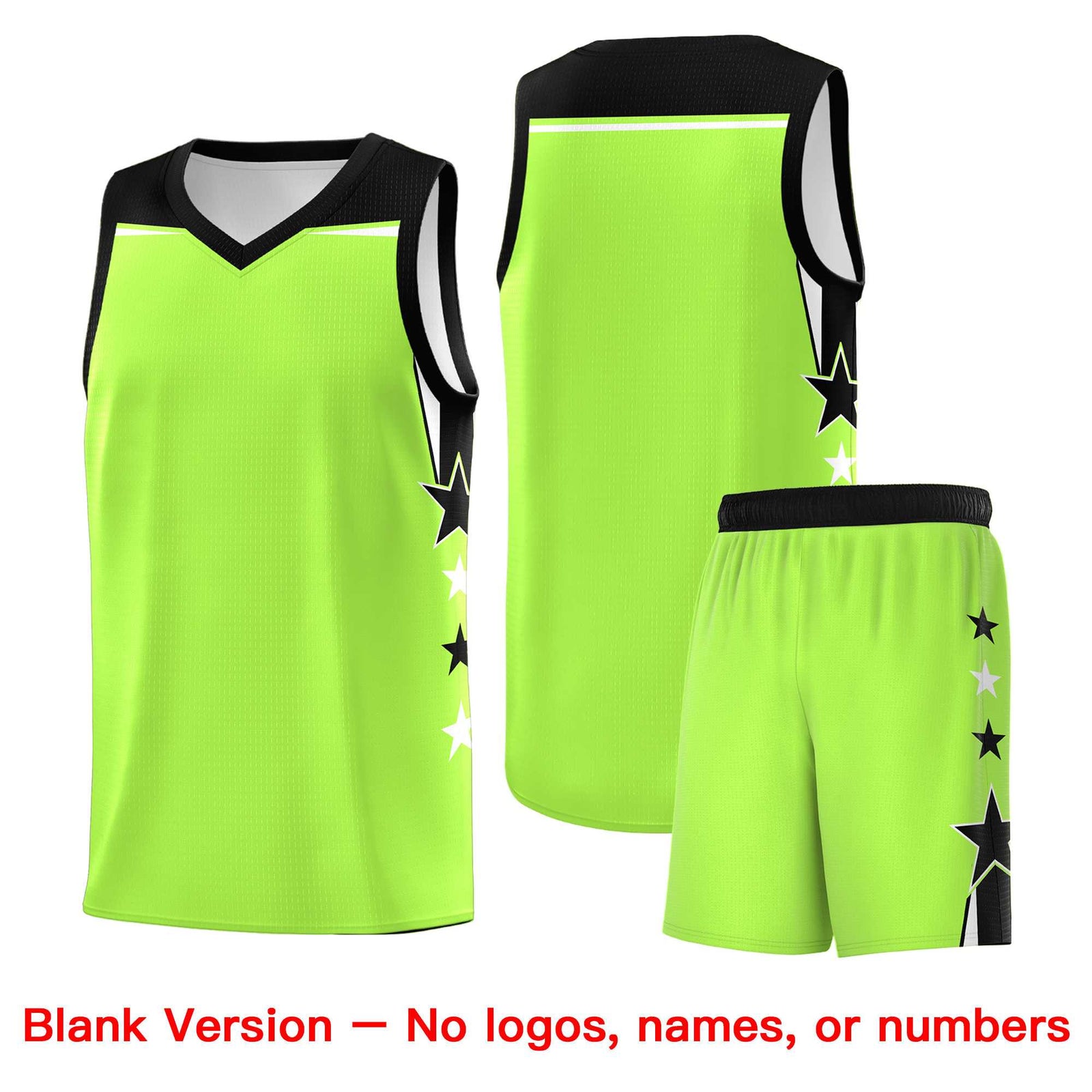 Custom Youth Basketball Uniform Fluorescent Green Black Two Tone Side Star Add Name Number & Logo