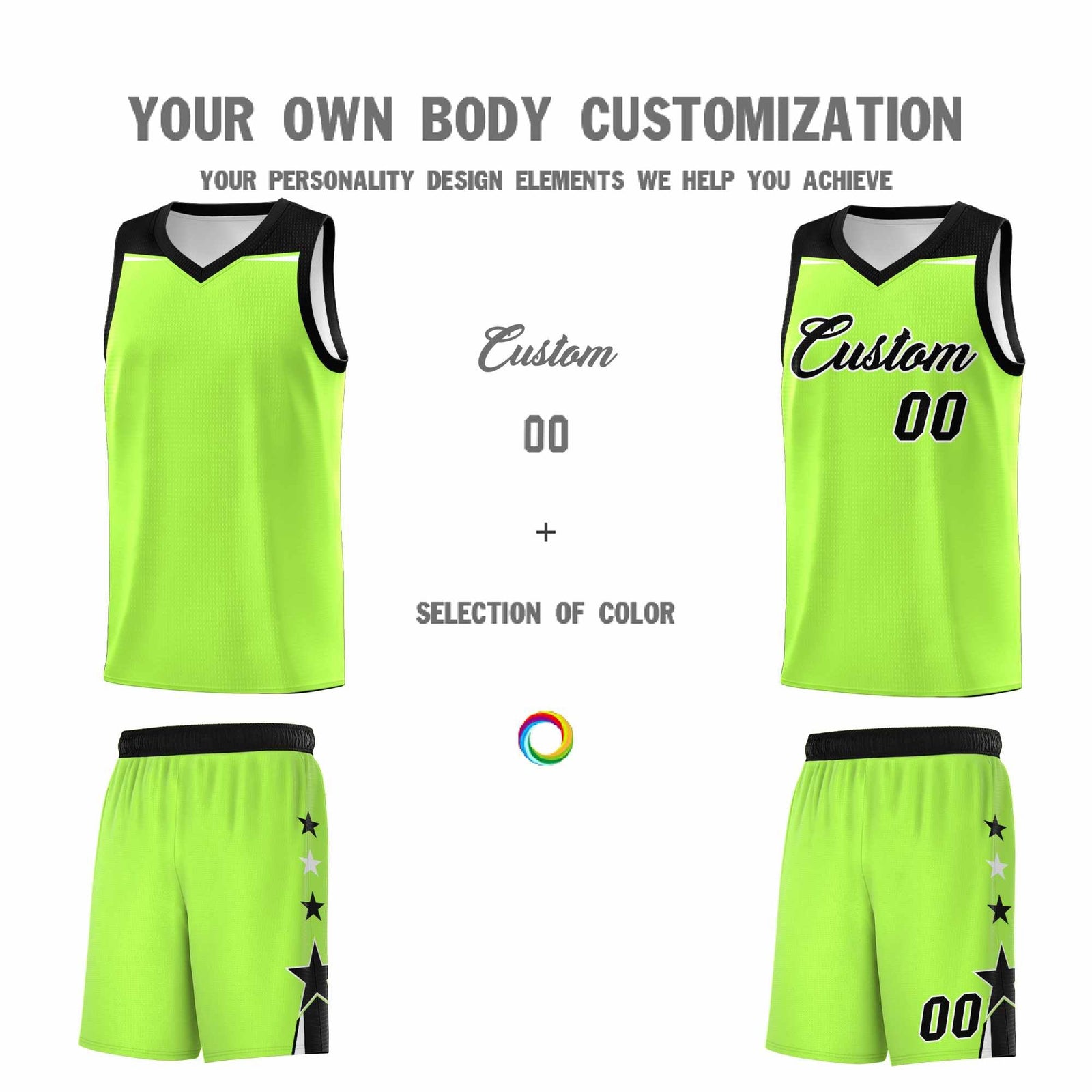 Custom Youth Basketball Uniform Fluorescent Green Black Two Tone Side Star Add Name Number & Logo