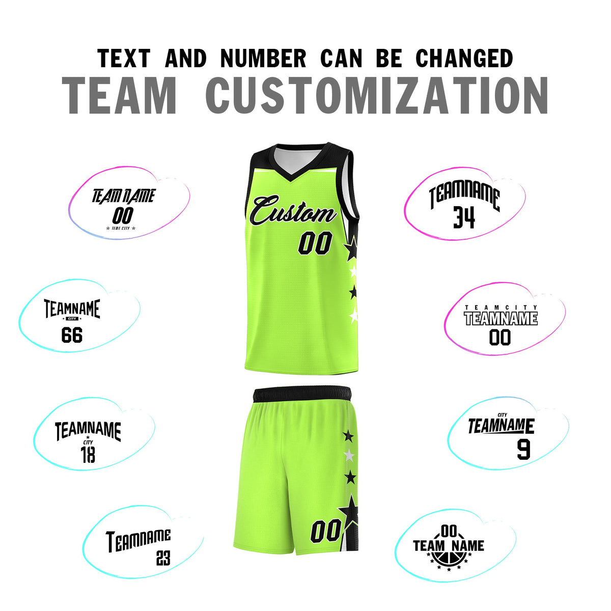 Custom Youth Basketball Uniform Fluorescent Green Black Two Tone Side Star Add Name Number &amp; Logo