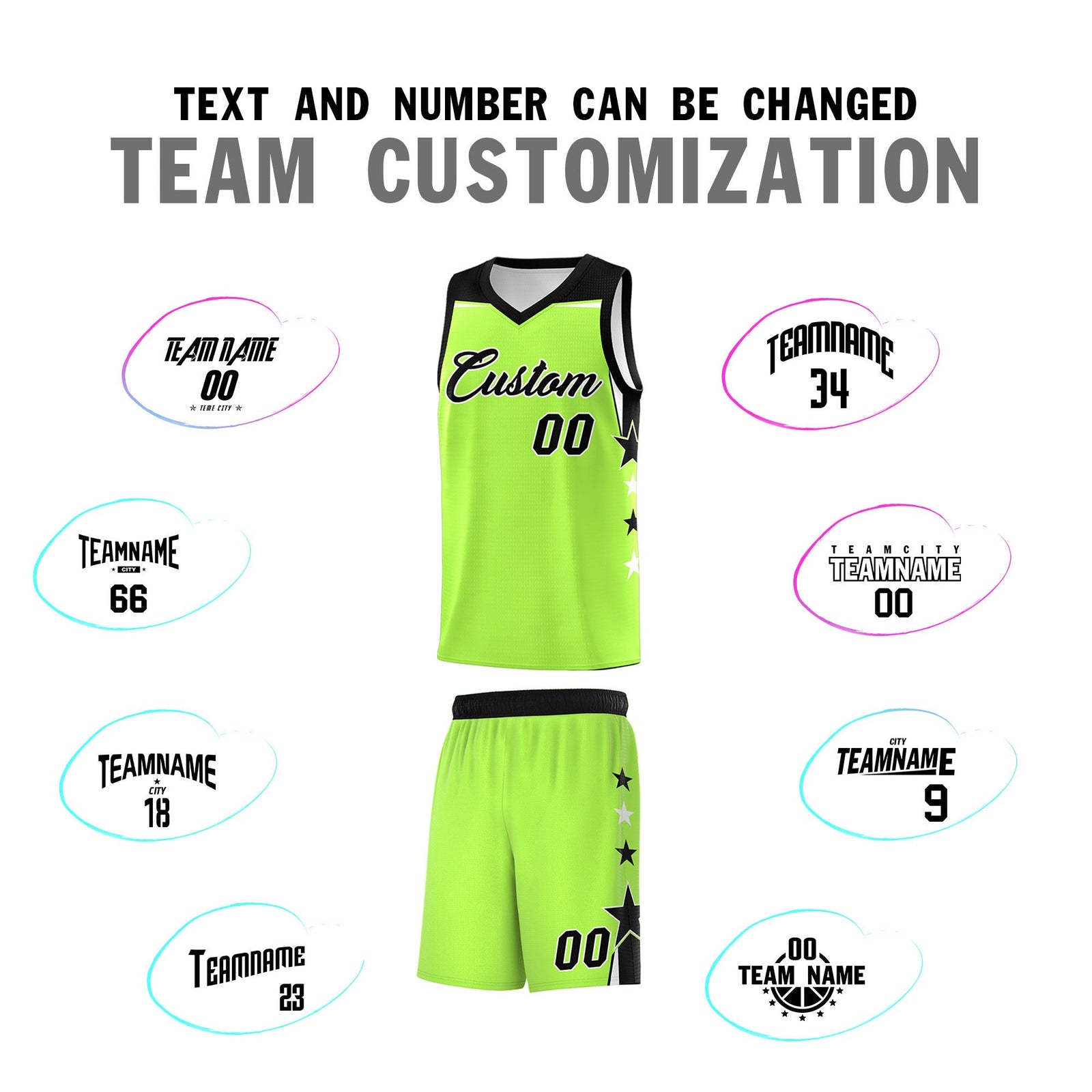 Custom Youth Basketball Uniform Fluorescent Green Black Two Tone Side Star Add Name Number & Logo