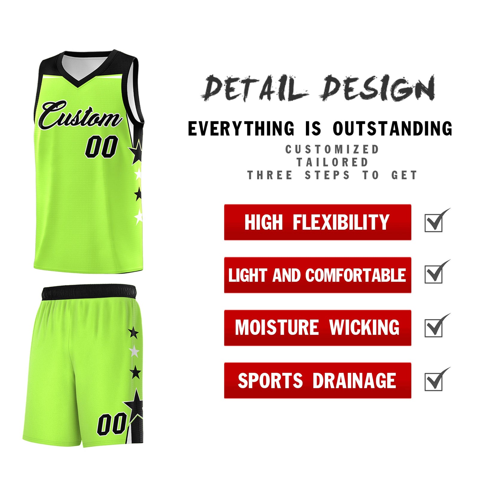 Custom Youth Basketball Uniform Fluorescent Green Black Two Tone Side Star Add Name Number & Logo