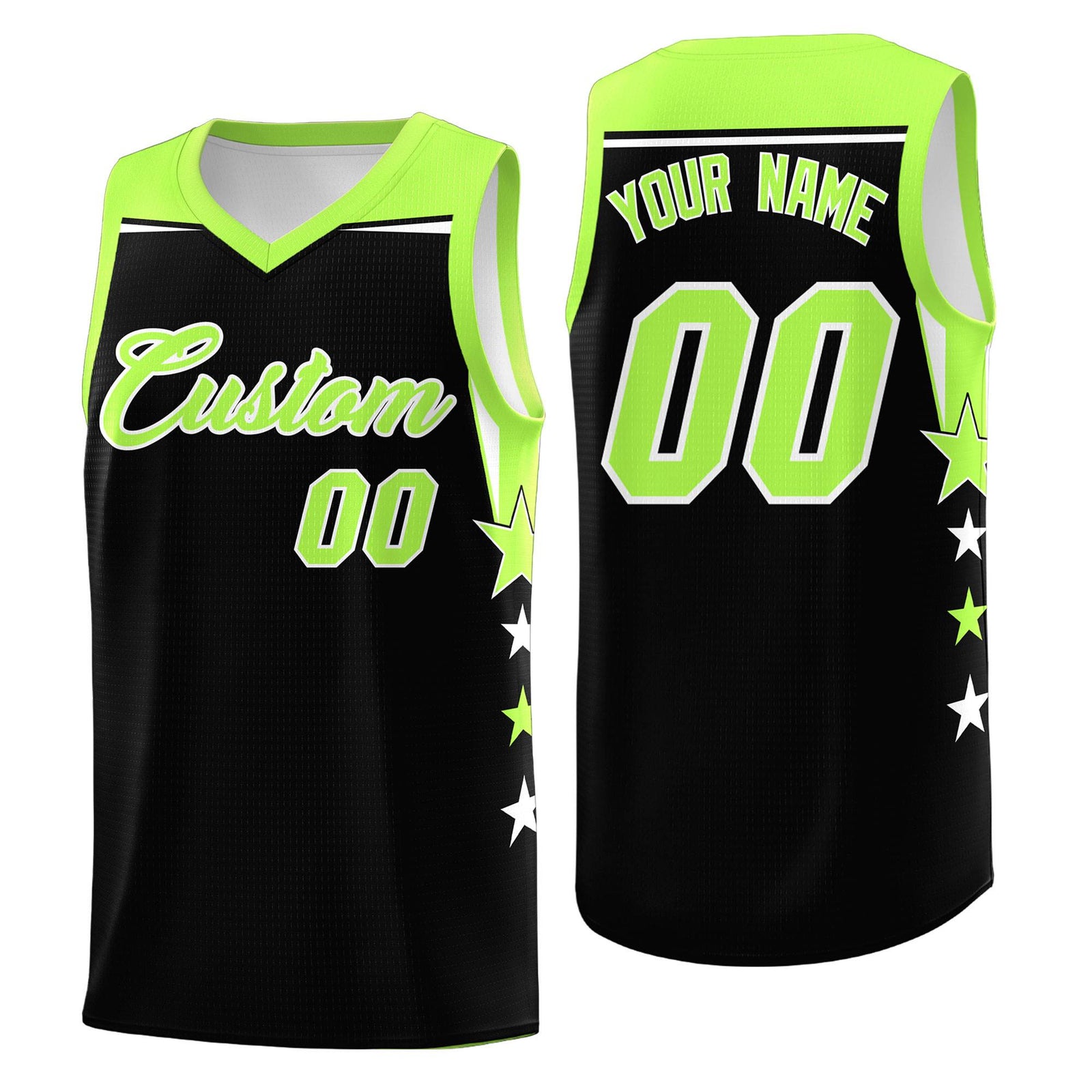 Custom Youth Basketball Uniform Black Fluorescent Green Two Tone Side Star Personalized Team Jersey