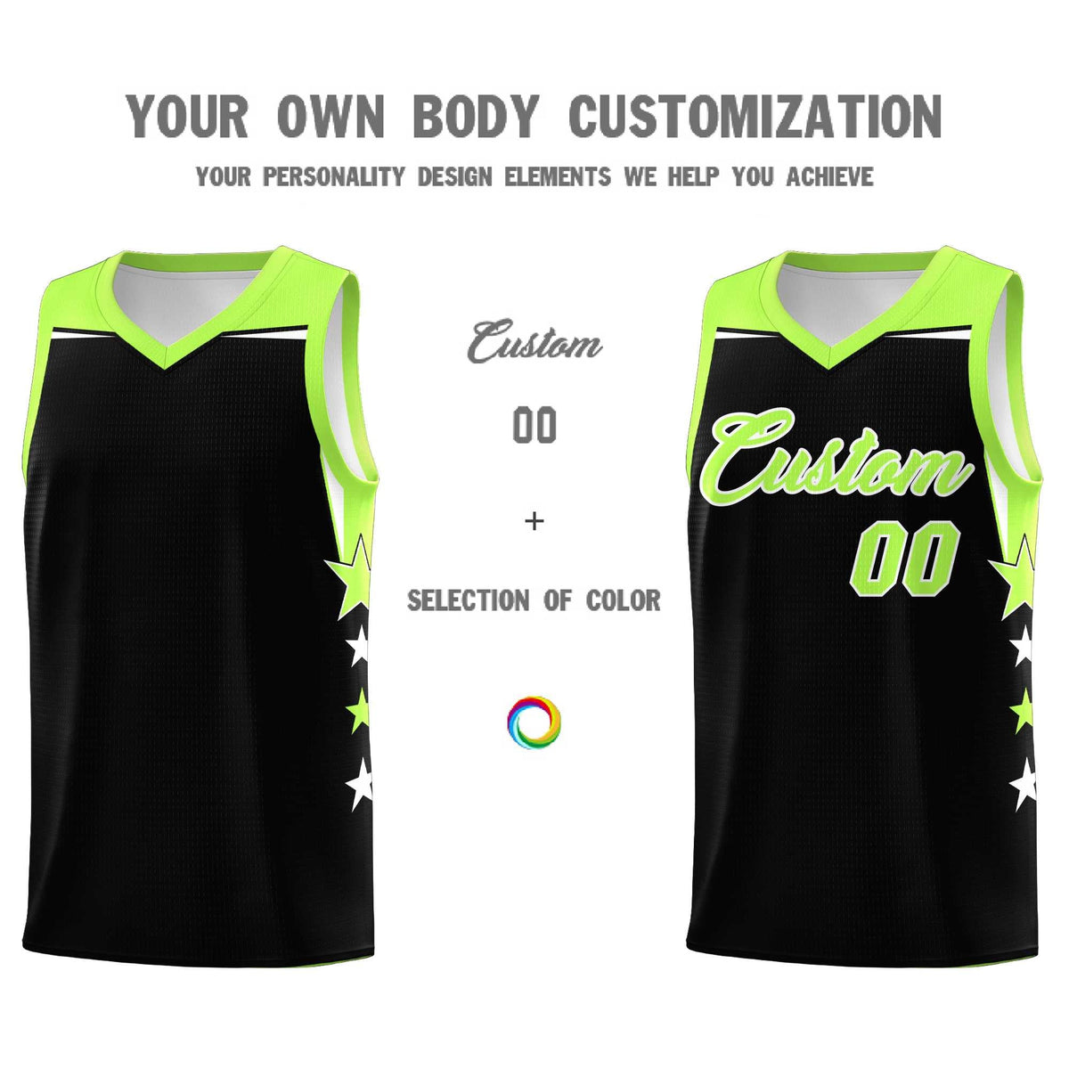 Custom Youth Basketball Uniform Black Fluorescent Green Two Tone Side Star Personalized Team Jersey