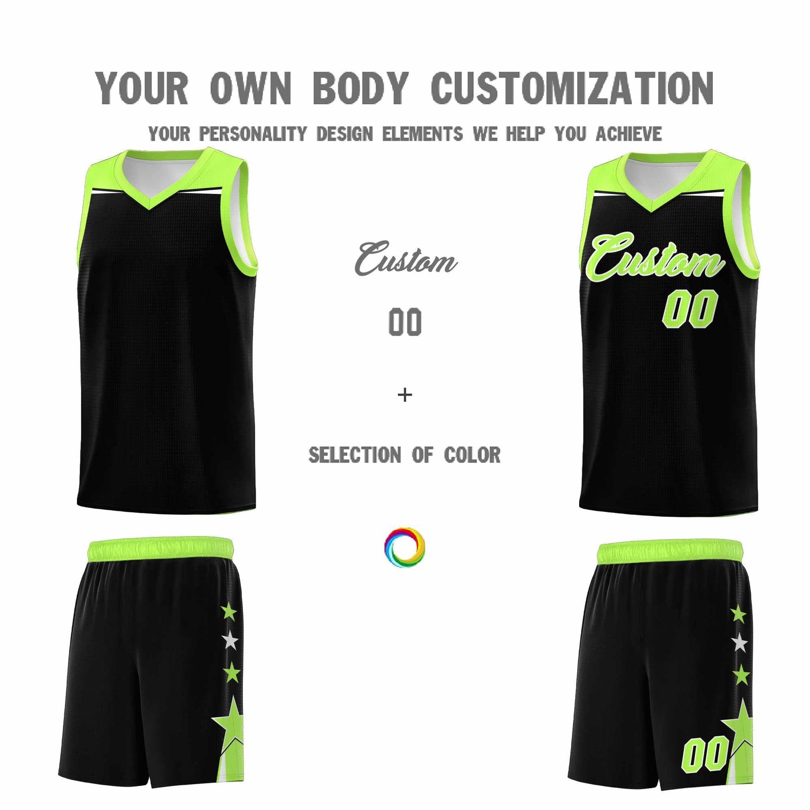 Custom Youth Basketball Uniform Black Fluorescent Green Two Tone Side Star Personalized Team Jersey