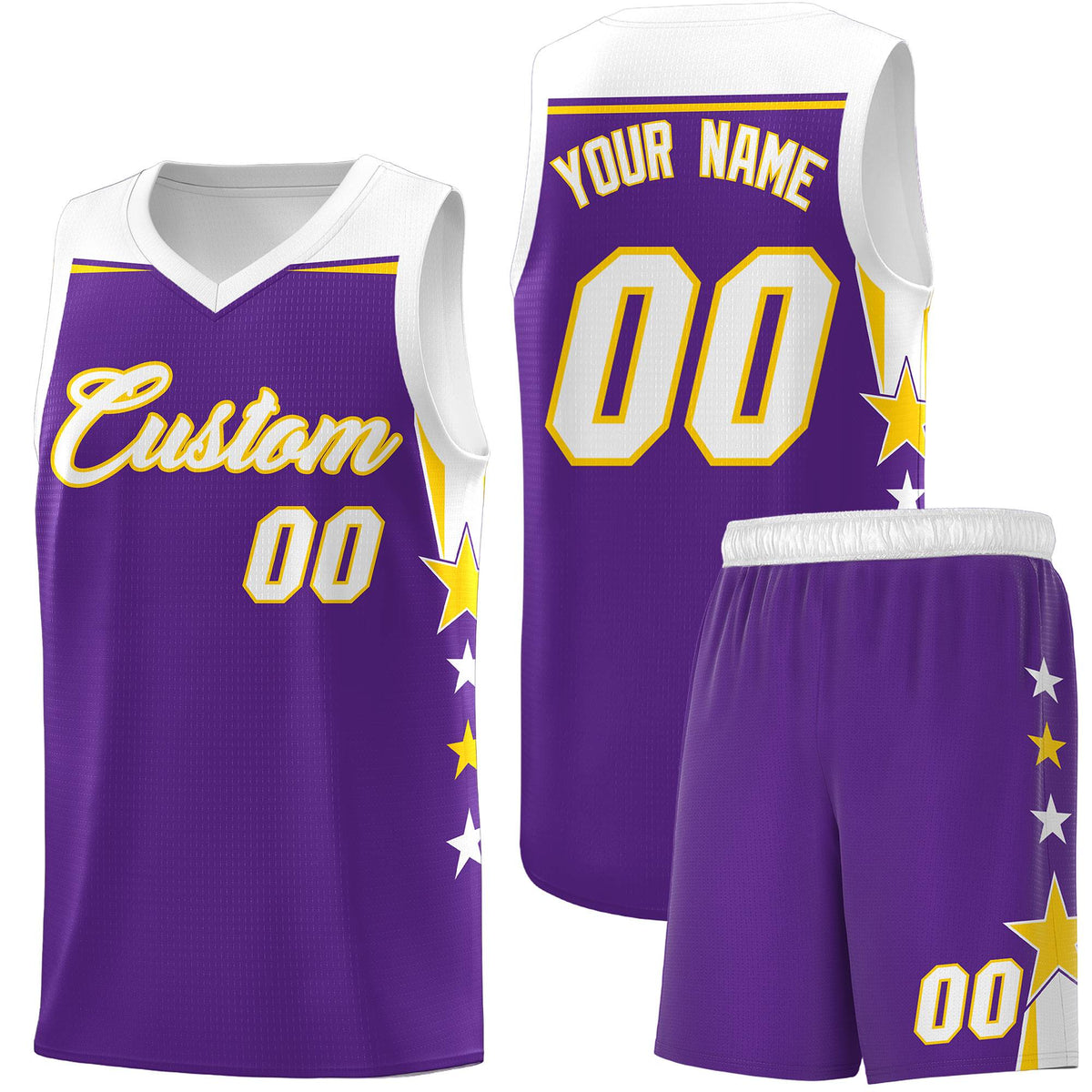 Custom Youth Basketball Uniform Purple White Two Tone Side Star Add Name Number &amp; Logo