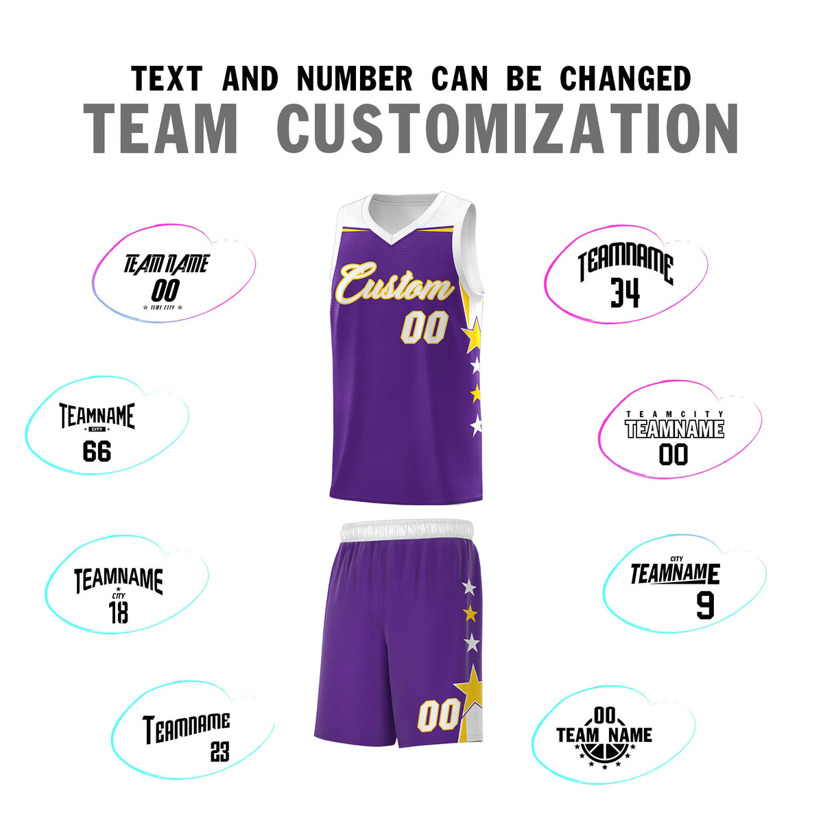 Custom Youth Basketball Uniform Purple White Two Tone Side Star Add Name Number &amp; Logo