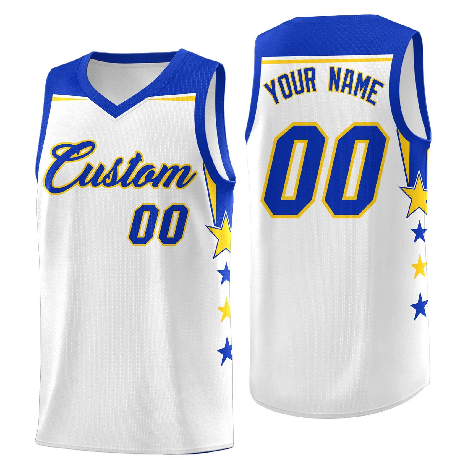 Custom Youth Basketball Uniform White Royal Two Tone Side Star Color Block Team Jersey