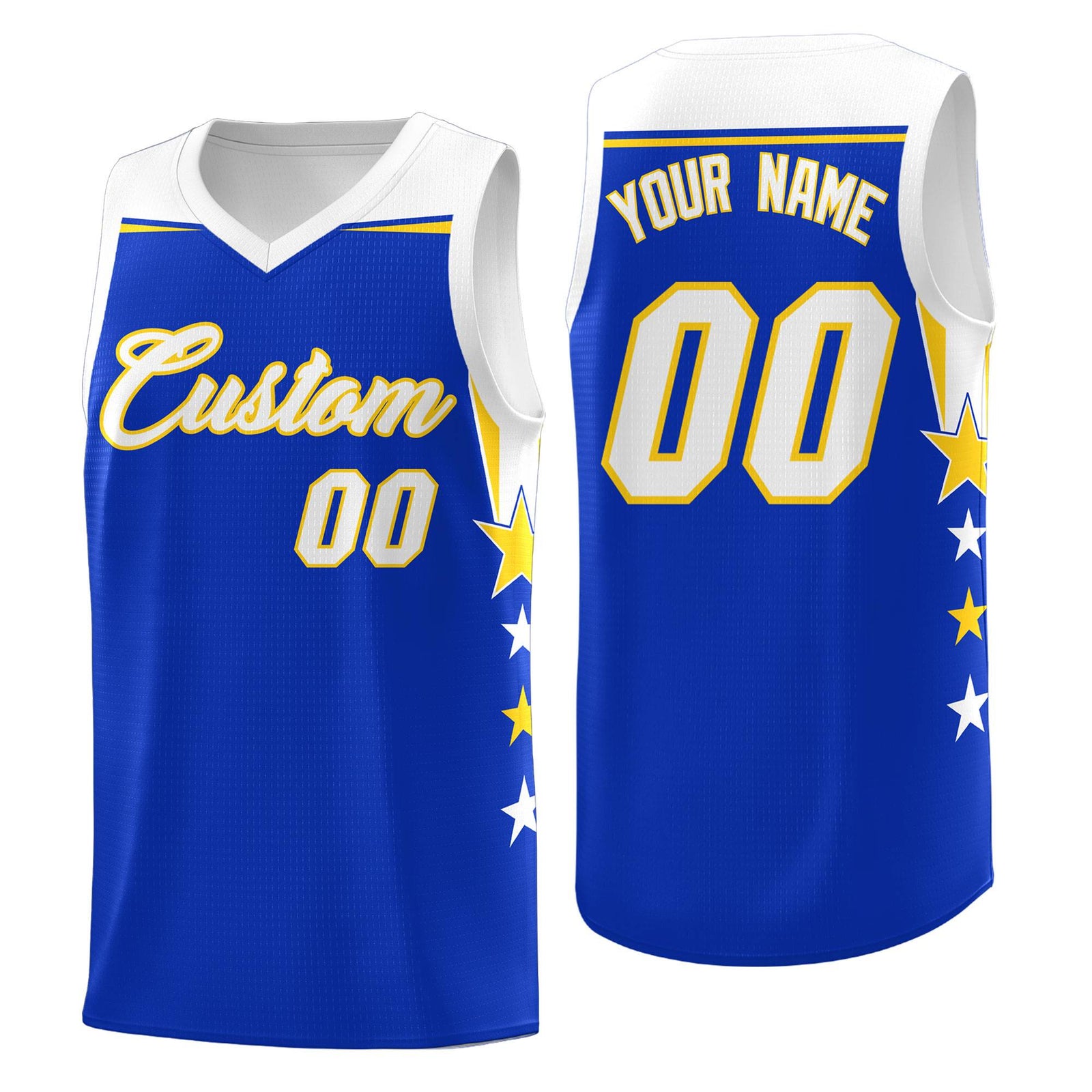 Custom Youth Basketball Uniform Royal White Two Tone Side Star Add Name Number & Logo