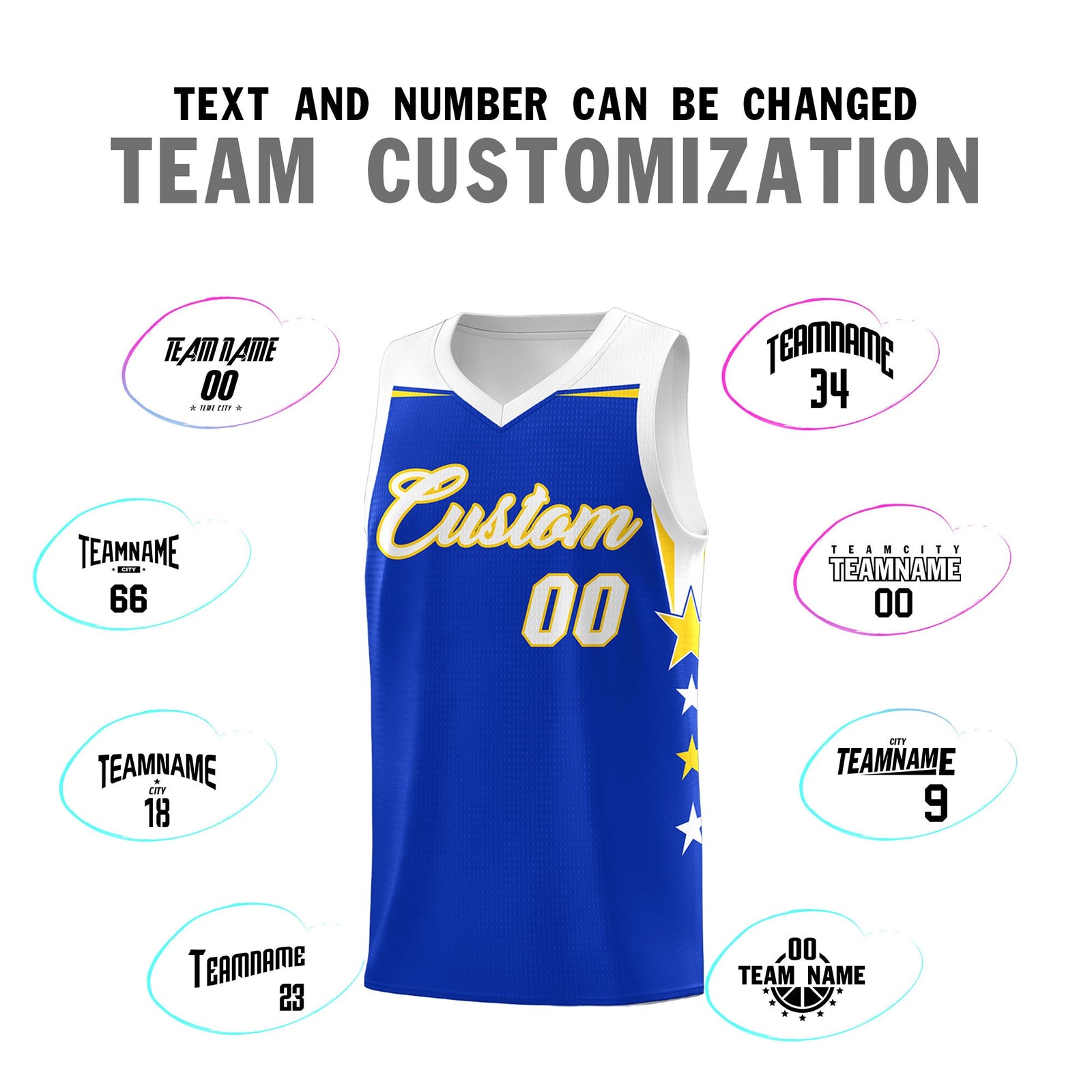 Custom Youth Basketball Uniform Royal White Two Tone Side Star Add Name Number & Logo