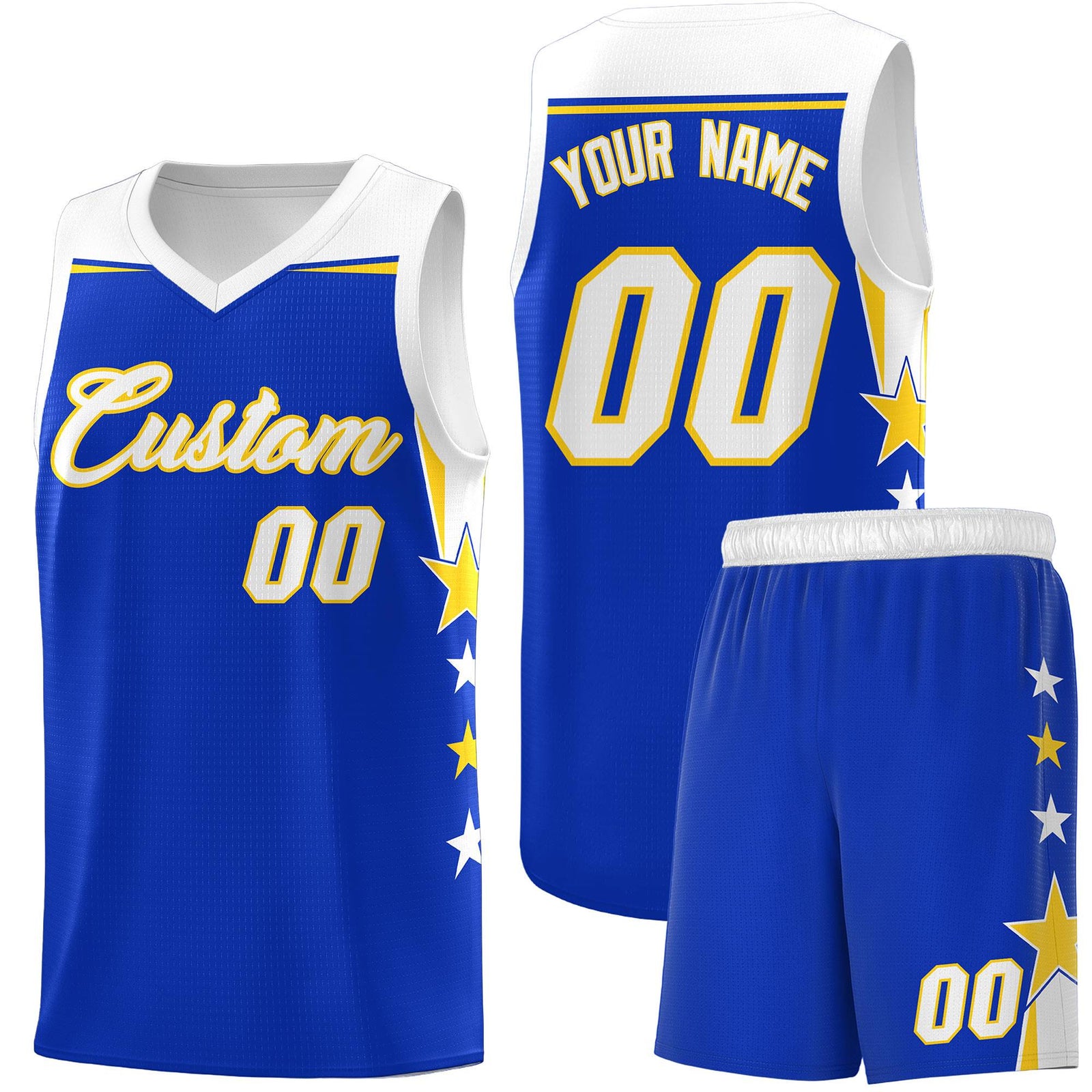 Custom Youth Basketball Uniform Royal White Two Tone Side Star Add Name Number & Logo