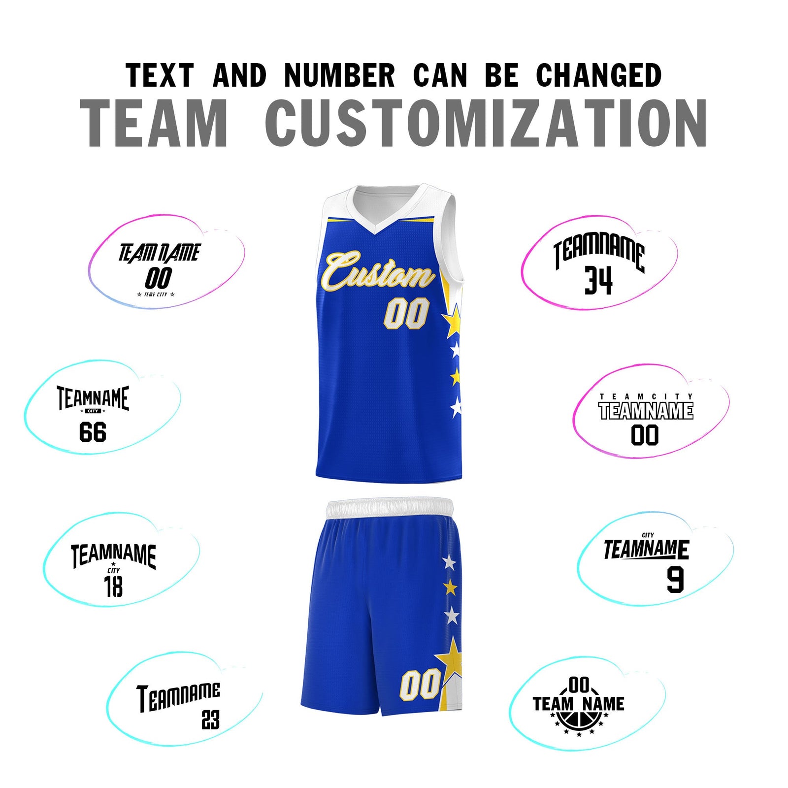 Custom Youth Basketball Uniform Royal White Two Tone Side Star Add Name Number & Logo