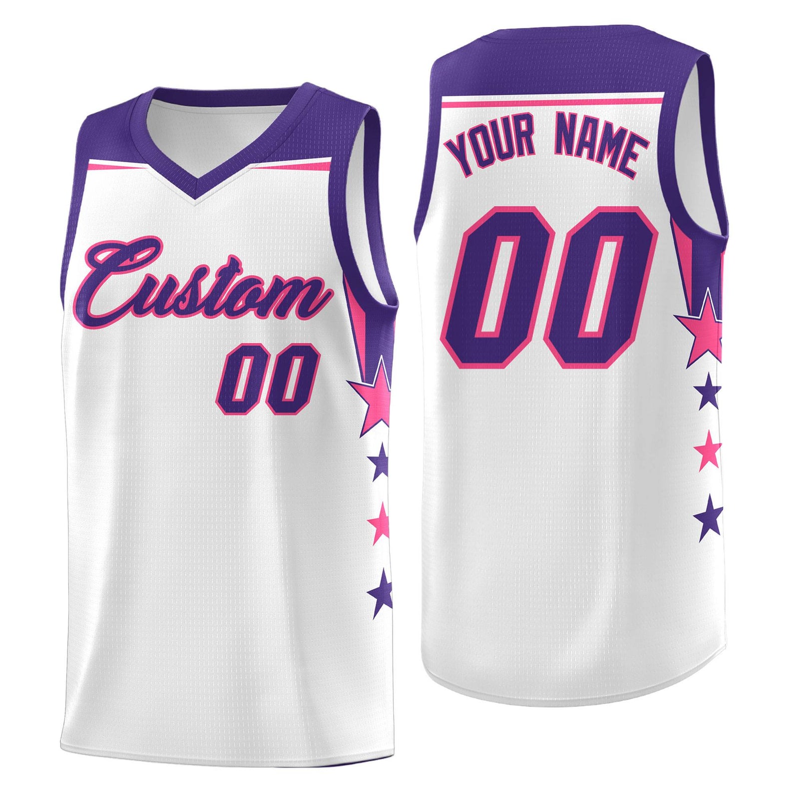 Custom Youth Basketball Uniform White Purple Two Tone Side Star Color Block Team Jersey