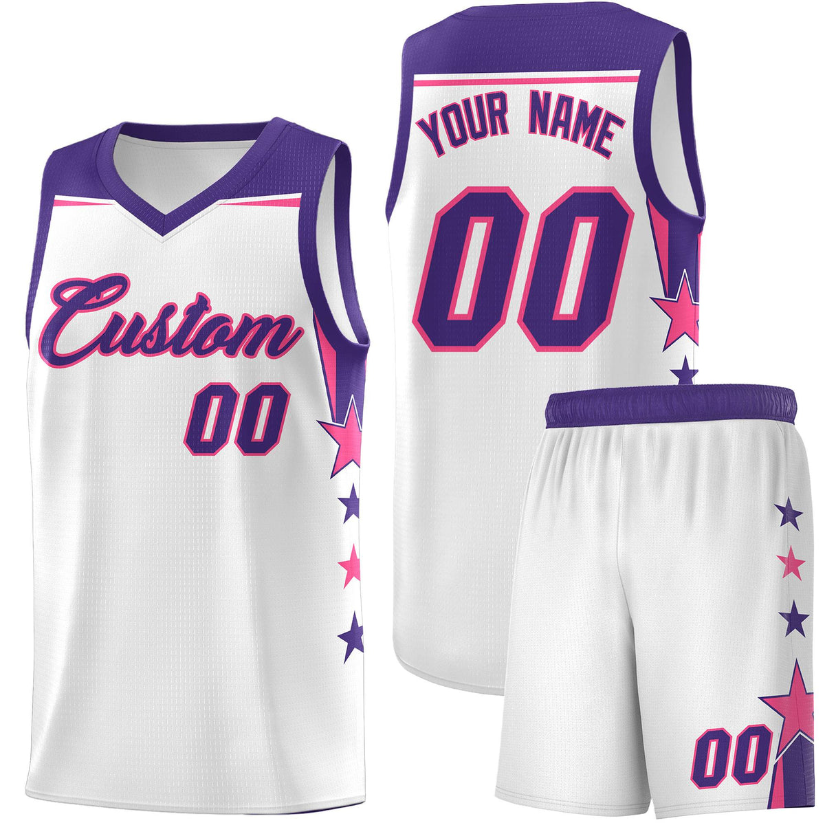 Custom Youth Basketball Uniform White Purple Two Tone Side Star Color Block Team Jersey