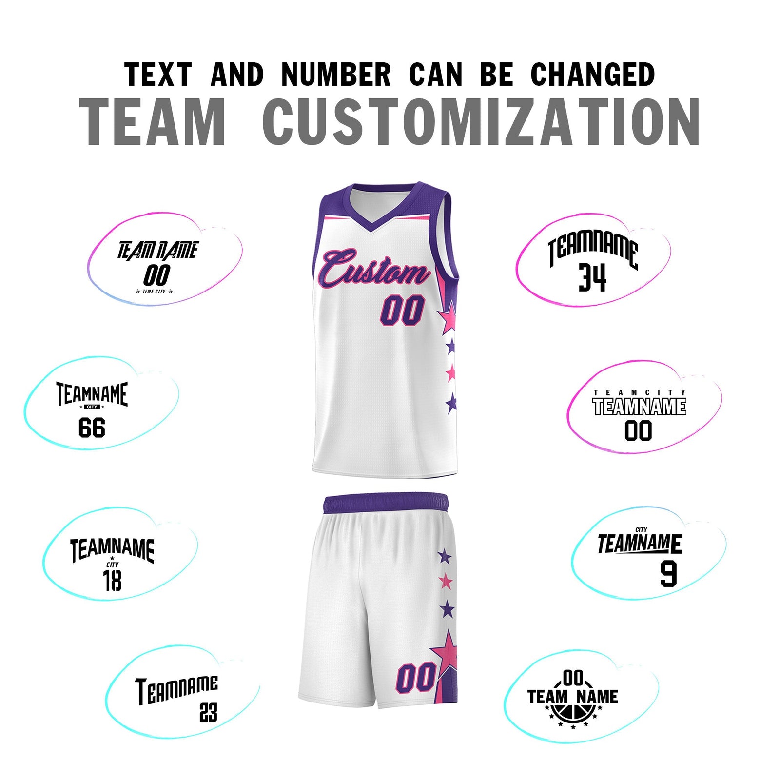 Custom Youth Basketball Uniform White Purple Two Tone Side Star Color Block Team Jersey