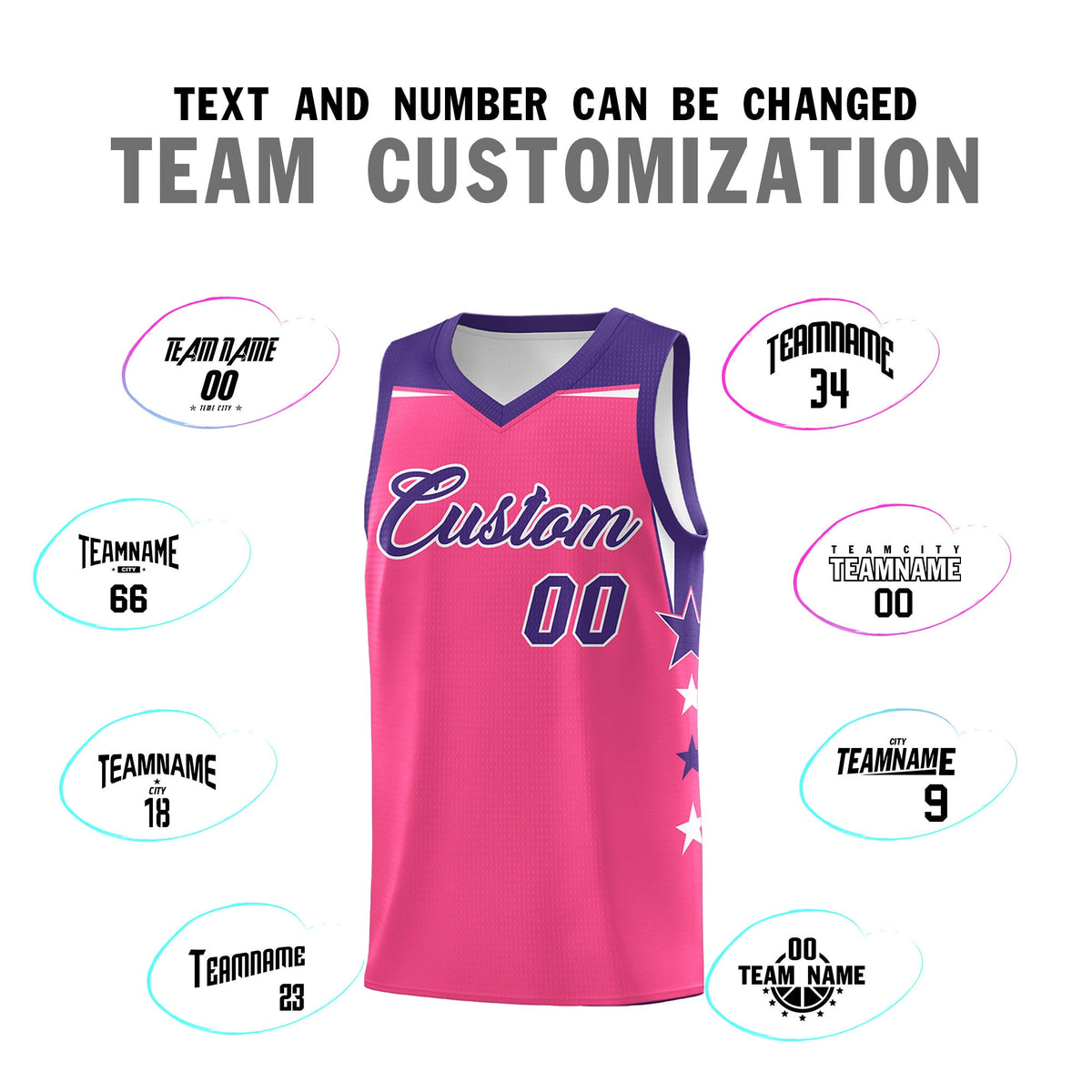 Custom Youth Basketball Uniform Pink Purple Two Tone Side Star Add Name Number &amp; Logo