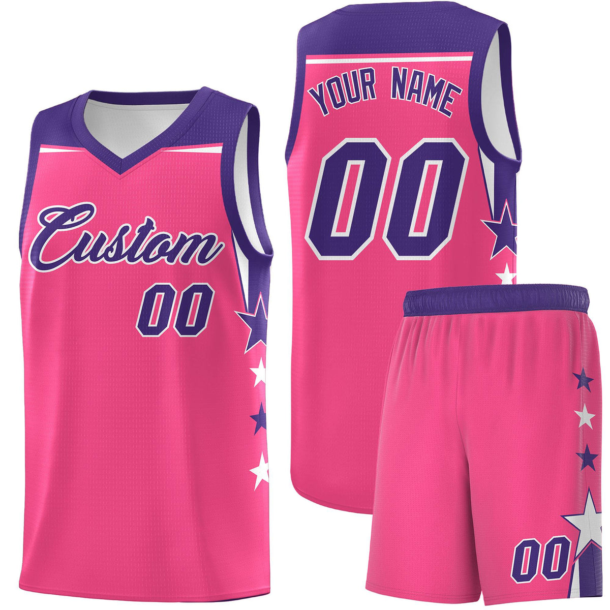 Custom Youth Basketball Uniform Pink Purple Two Tone Side Star Add Name Number &amp; Logo