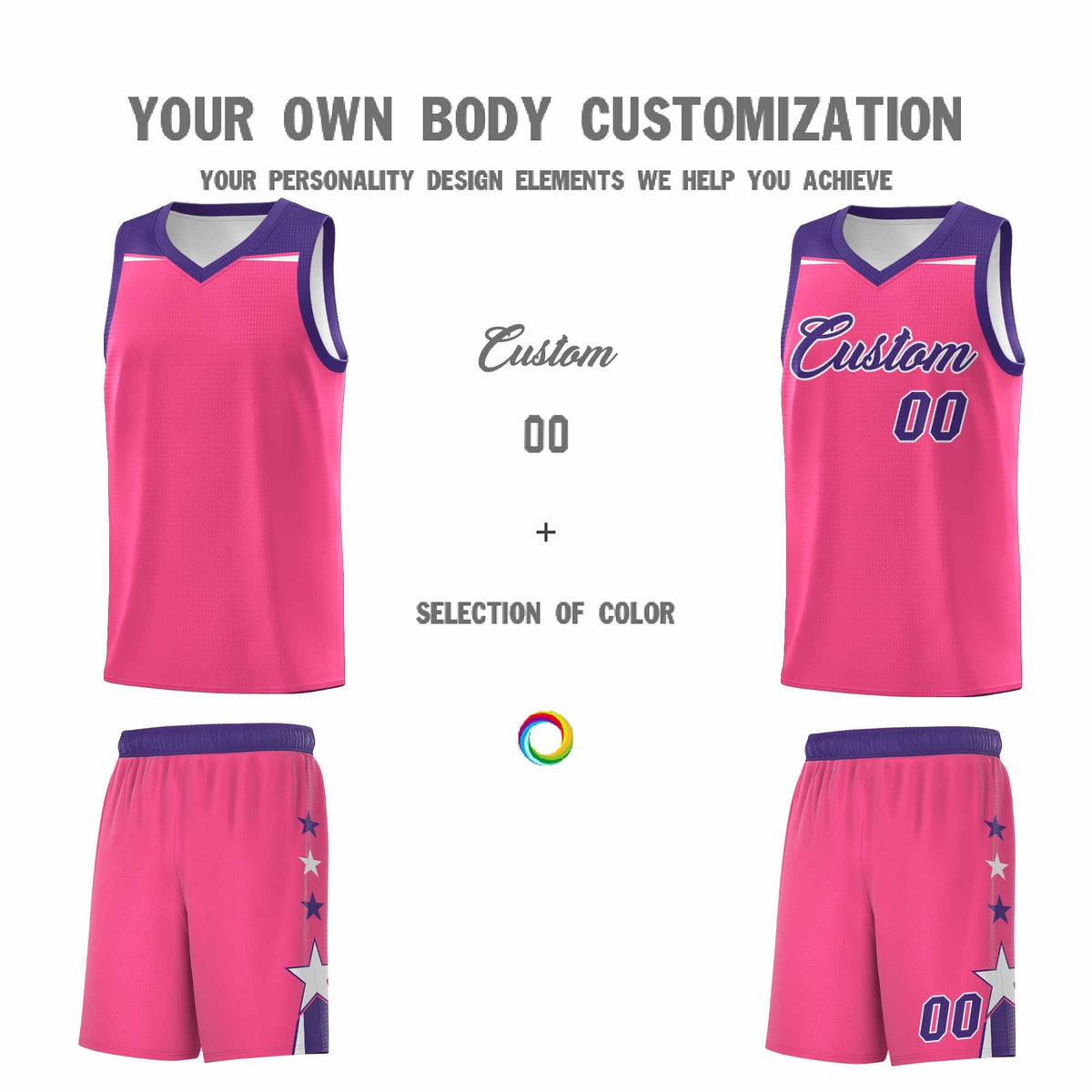 Custom Youth Basketball Uniform Pink Purple Two Tone Side Star Add Name Number &amp; Logo
