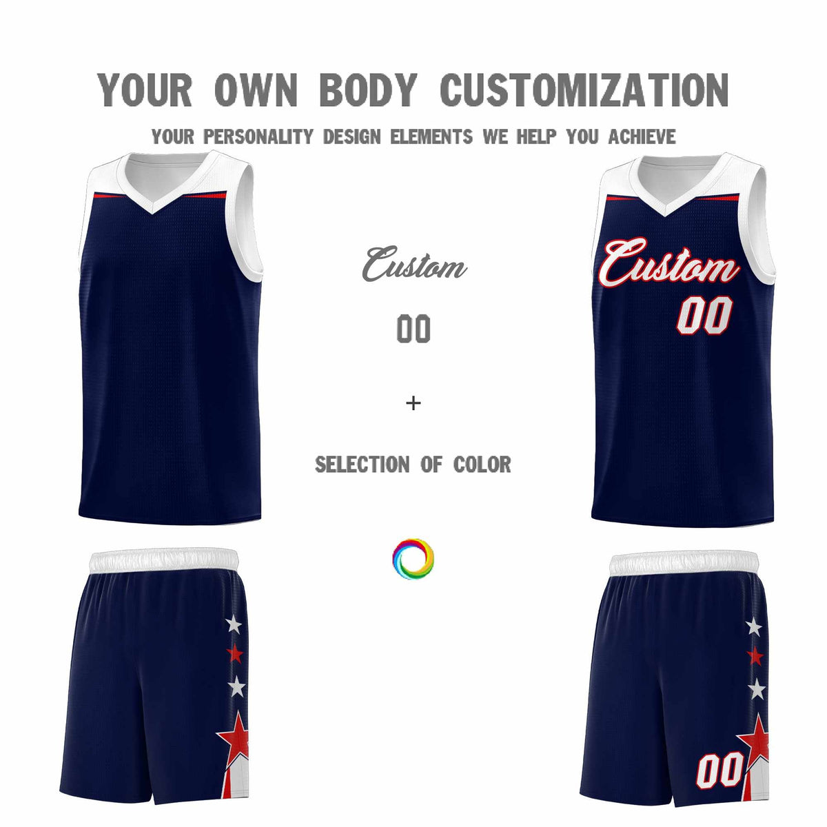 Custom Youth Basketball Uniform Navy White Two Tone Side Star Add Name Number &amp; Logo