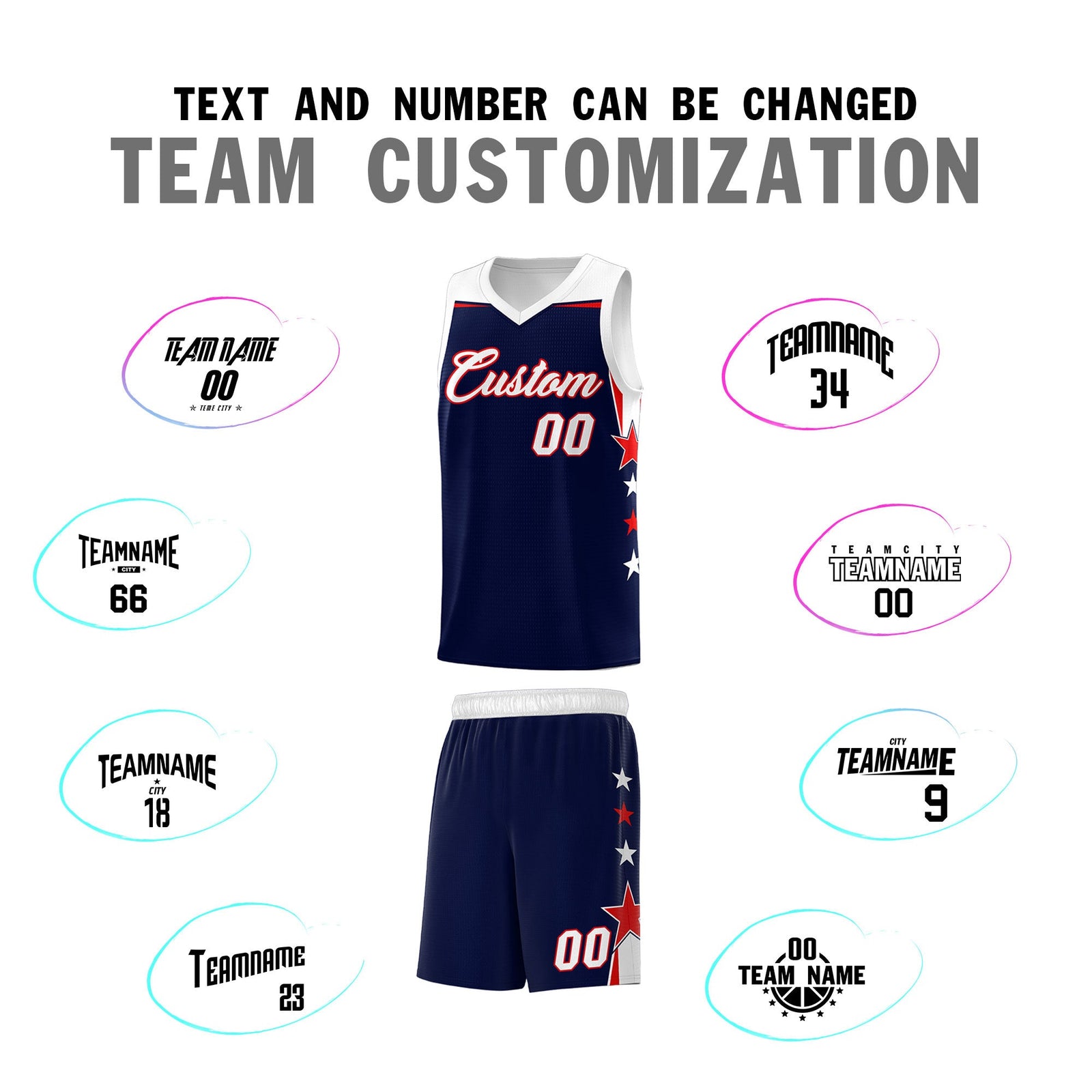Custom Youth Basketball Uniform Navy White Two Tone Side Star Add Name Number & Logo