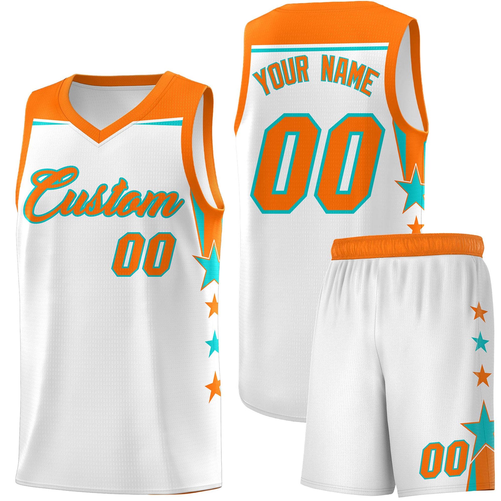 Custom Youth Basketball Uniform White Orange Two Tone Side Star Color Block Team Jersey