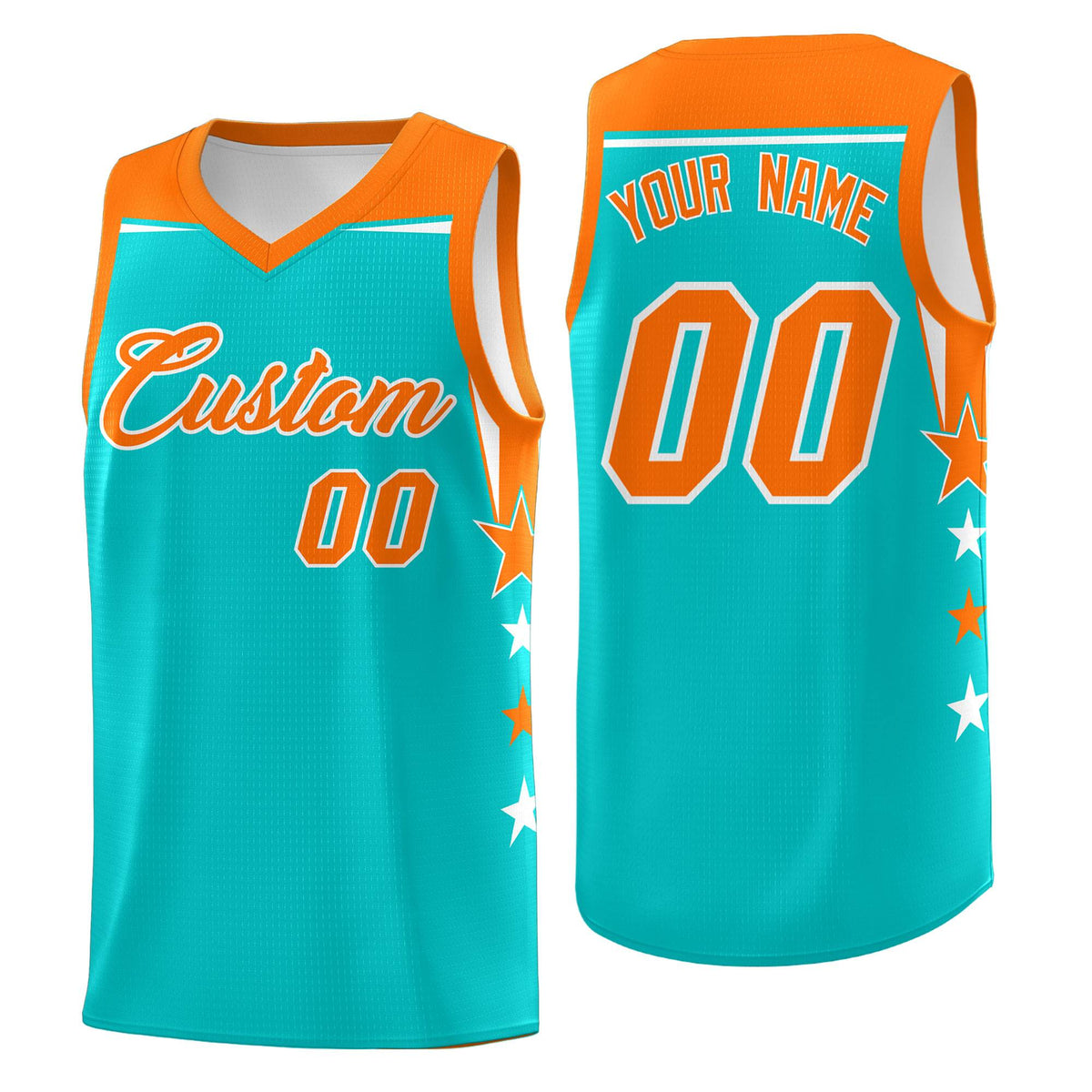 Custom Youth Basketball Uniform Aqua Orange Two Tone Side Star Personalized Team Jersey