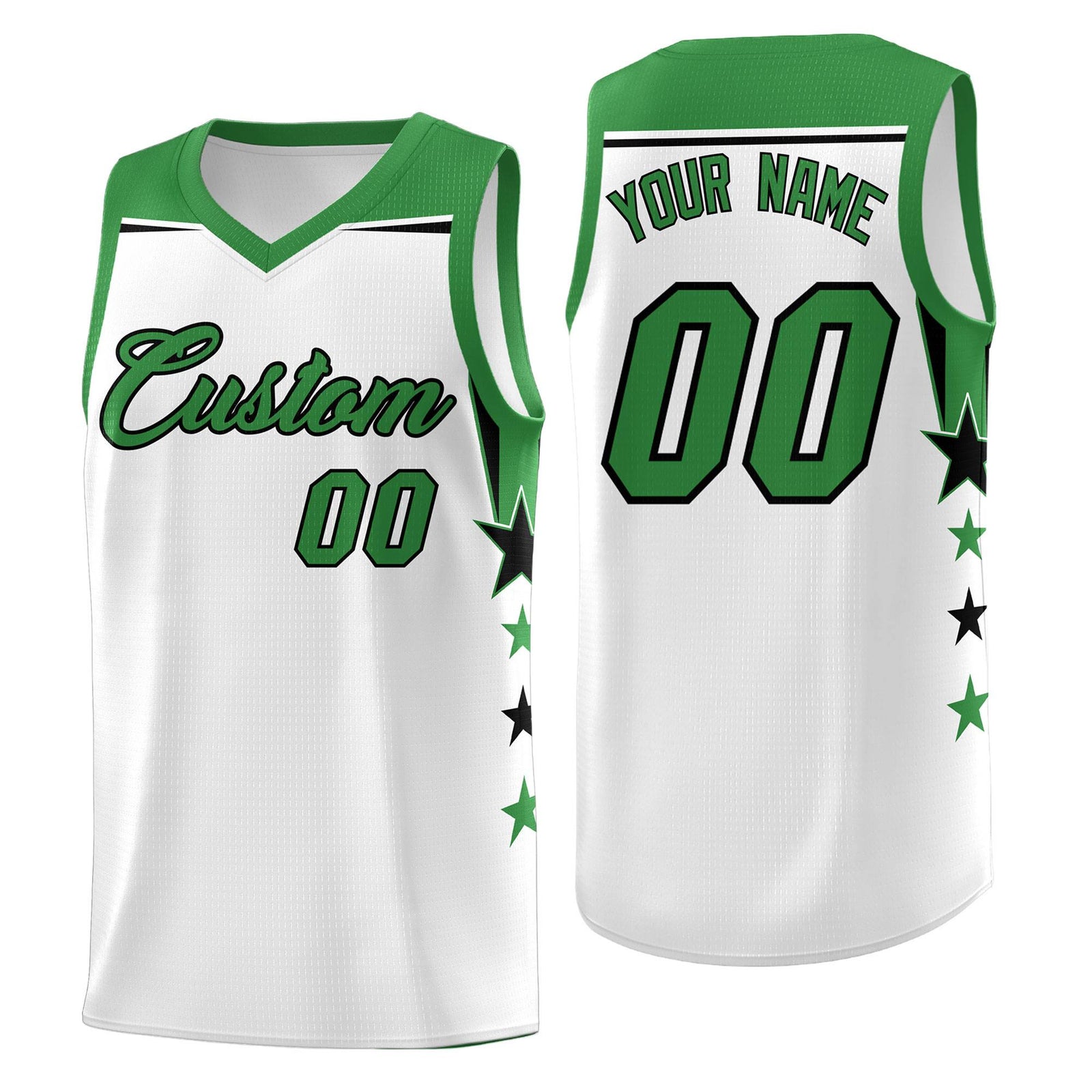 Custom Youth Basketball Uniform White Kelly Green Two Tone Side Star Color Block Team Jersey