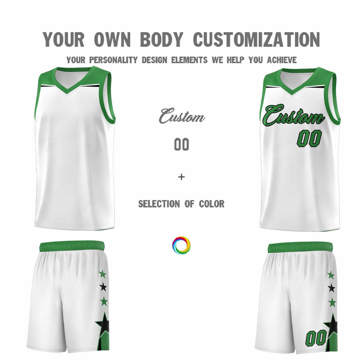 Custom Youth Basketball Uniform White Kelly Green Two Tone Side Star Color Block Team Jersey