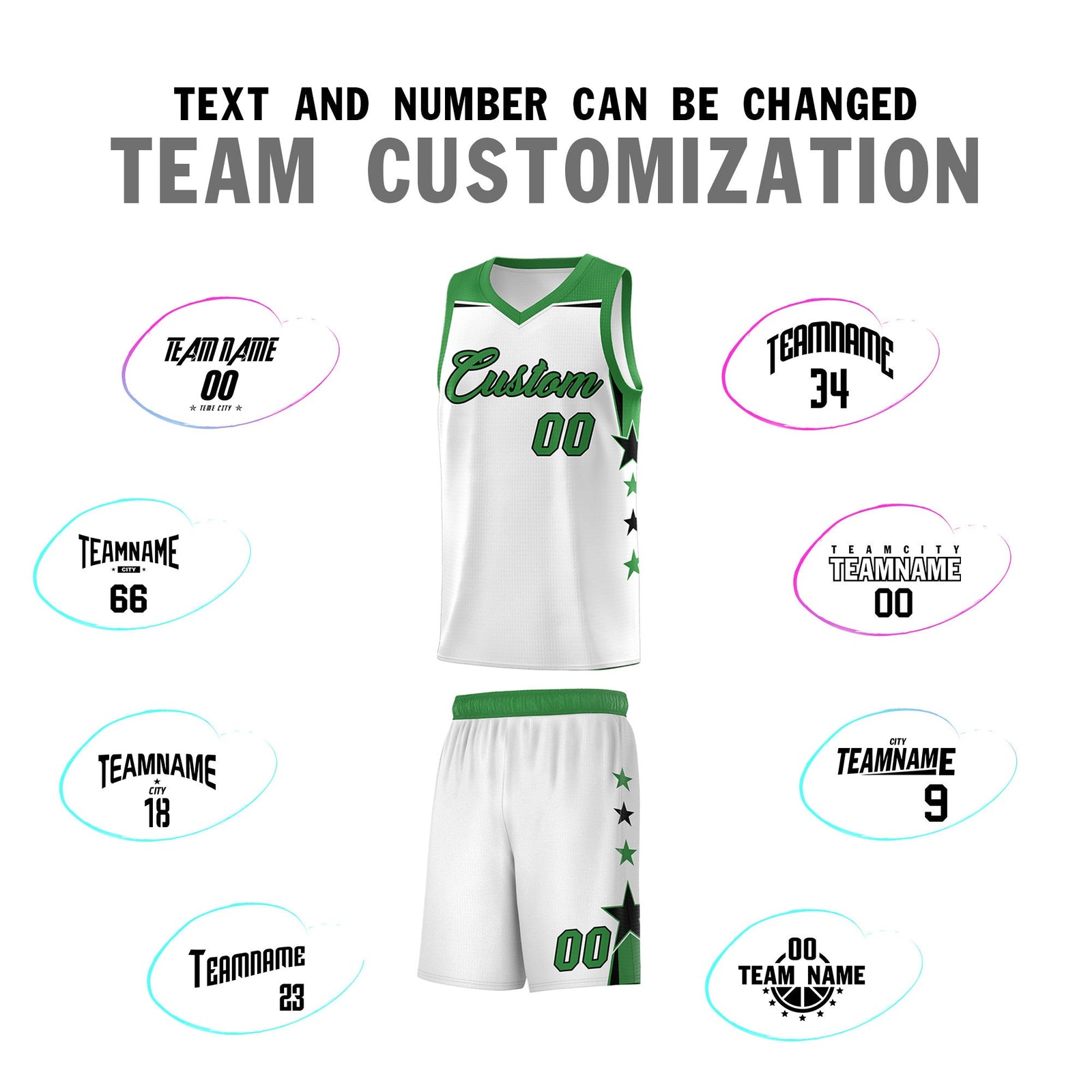 Custom Youth Basketball Uniform White Kelly Green Two Tone Side Star Color Block Team Jersey