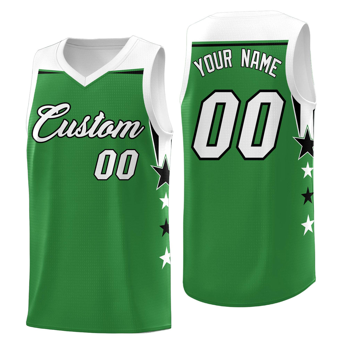 Custom Youth Basketball Uniform Kelly Green White Two Tone Side Star Add Name Number &amp; Logo