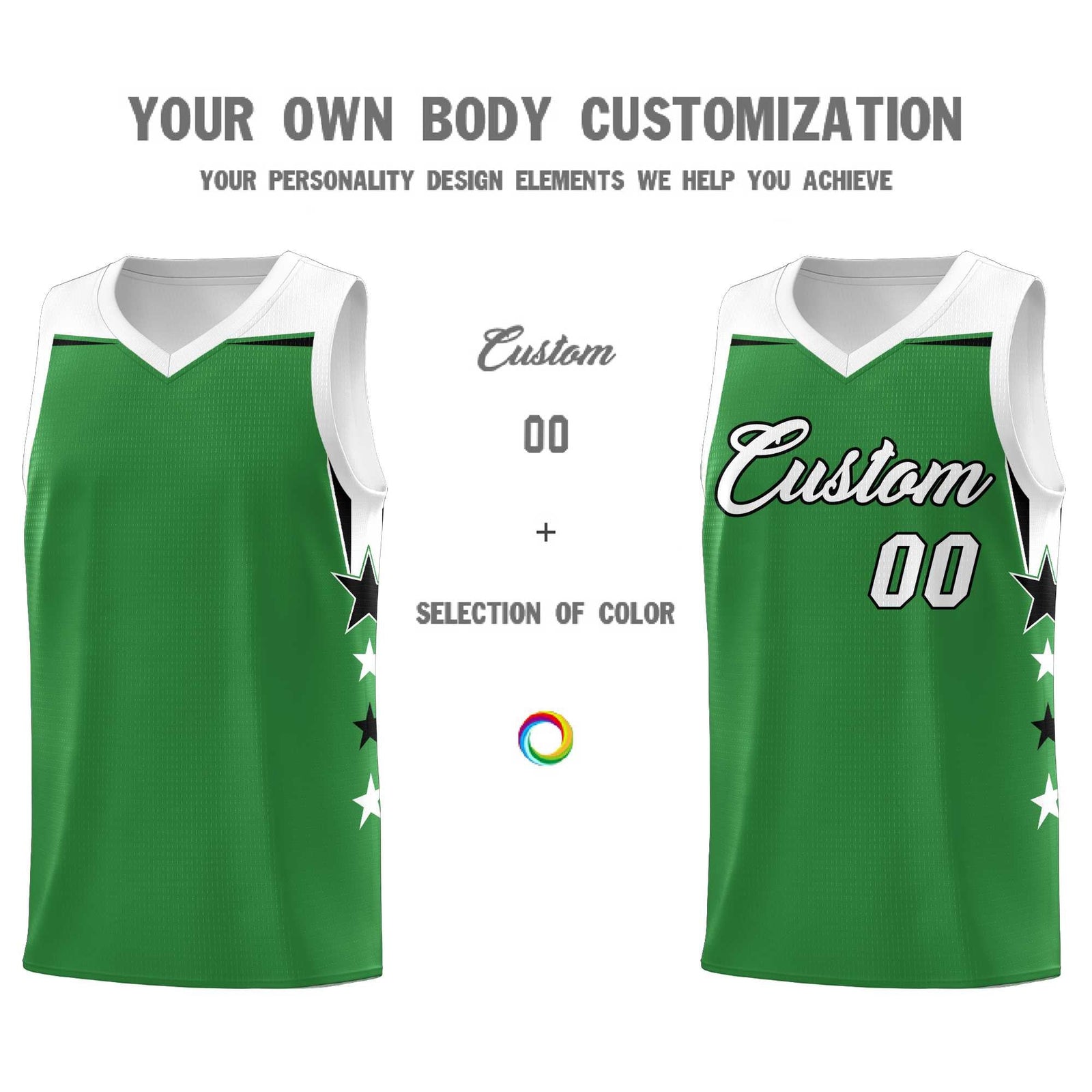 Custom Youth Basketball Uniform Kelly Green White Two Tone Side Star Add Name Number & Logo
