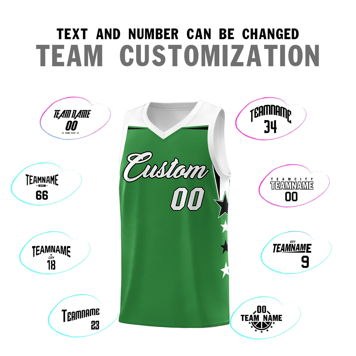Custom Youth Basketball Uniform Kelly Green White Two Tone Side Star Add Name Number &amp; Logo