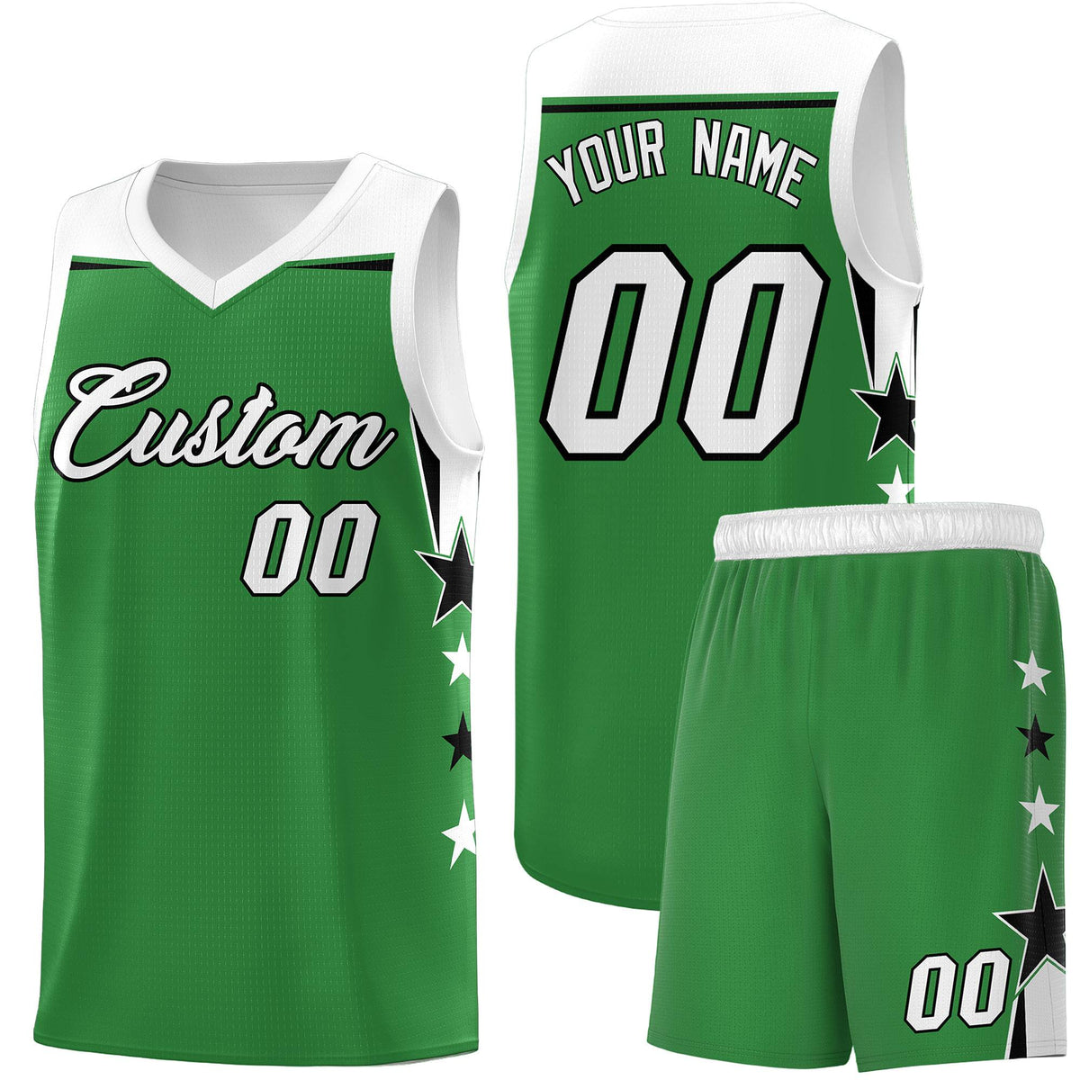 Custom Youth Basketball Uniform Kelly Green White Two Tone Side Star Add Name Number &amp; Logo