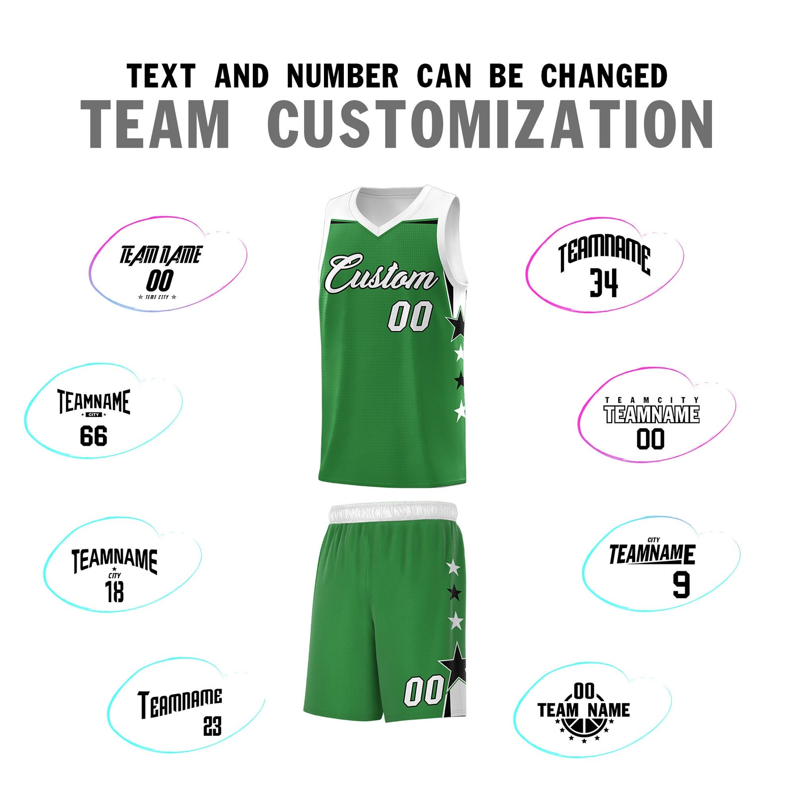 Custom Youth Basketball Uniform Kelly Green White Two Tone Side Star Add Name Number & Logo