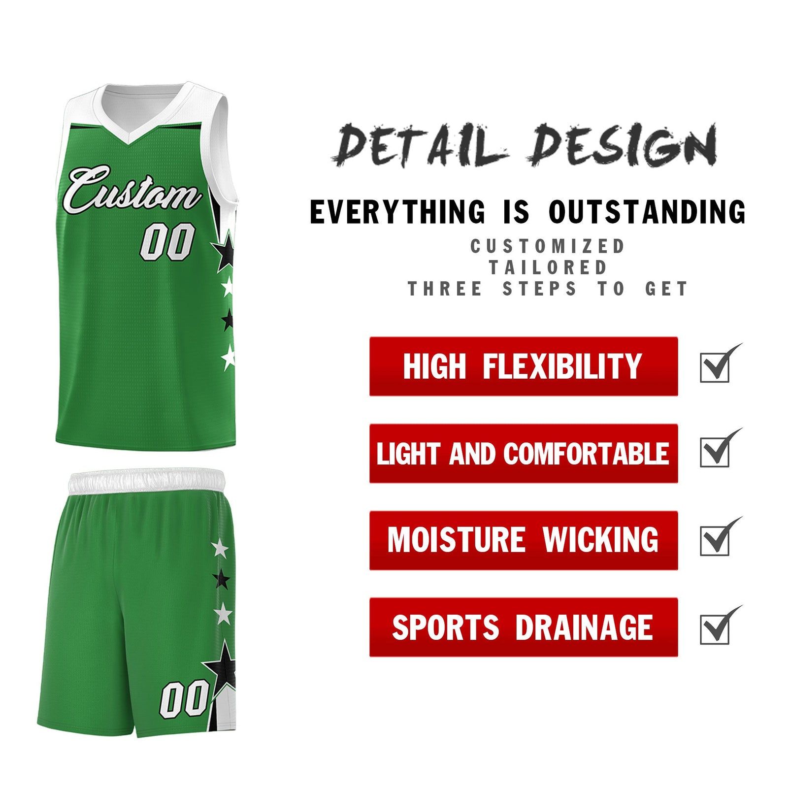 Custom Youth Basketball Uniform Kelly Green White Two Tone Side Star Add Name Number & Logo