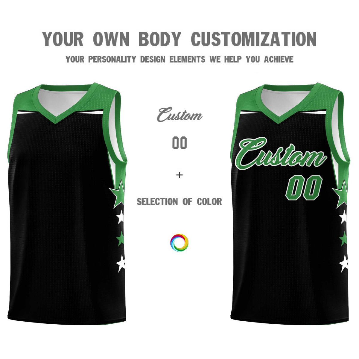 Custom Youth Basketball Uniform Black Kelly Green Two Tone Side Star Personalized Team Jersey