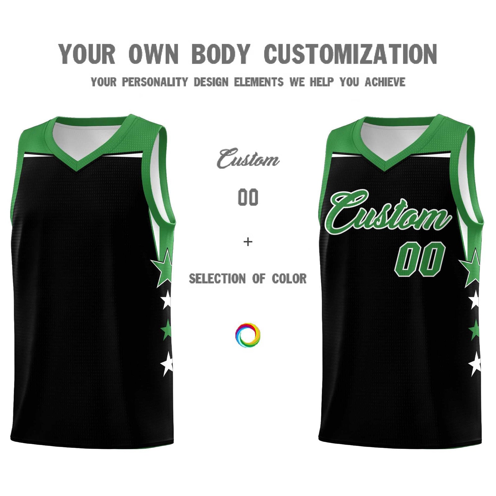 Custom Youth Basketball Uniform Black Kelly Green Two Tone Side Star Personalized Team Jersey