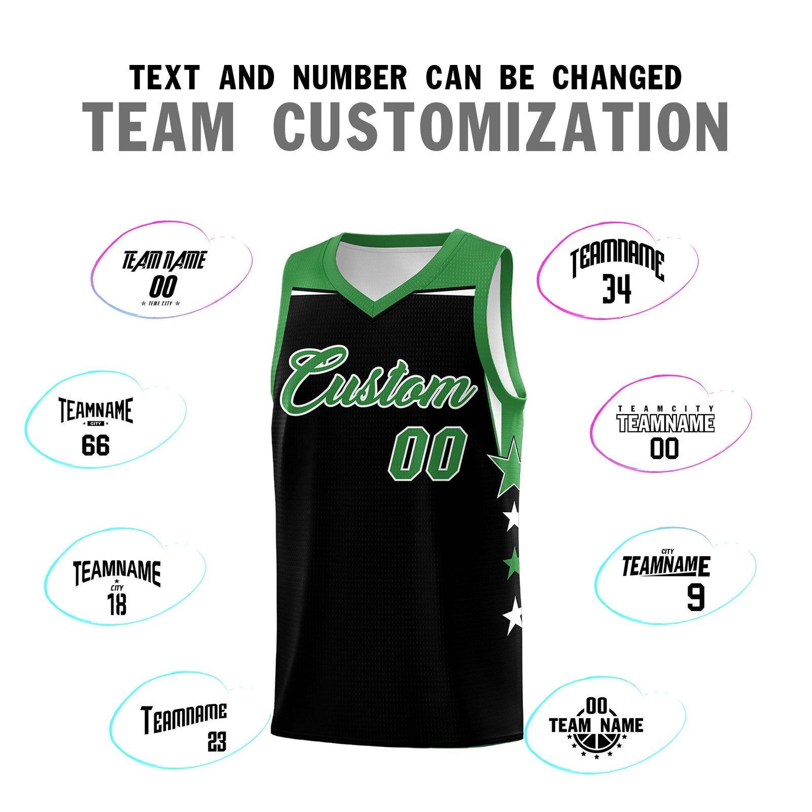 Custom Youth Basketball Uniform Black Kelly Green Two Tone Side Star Personalized Team Jersey