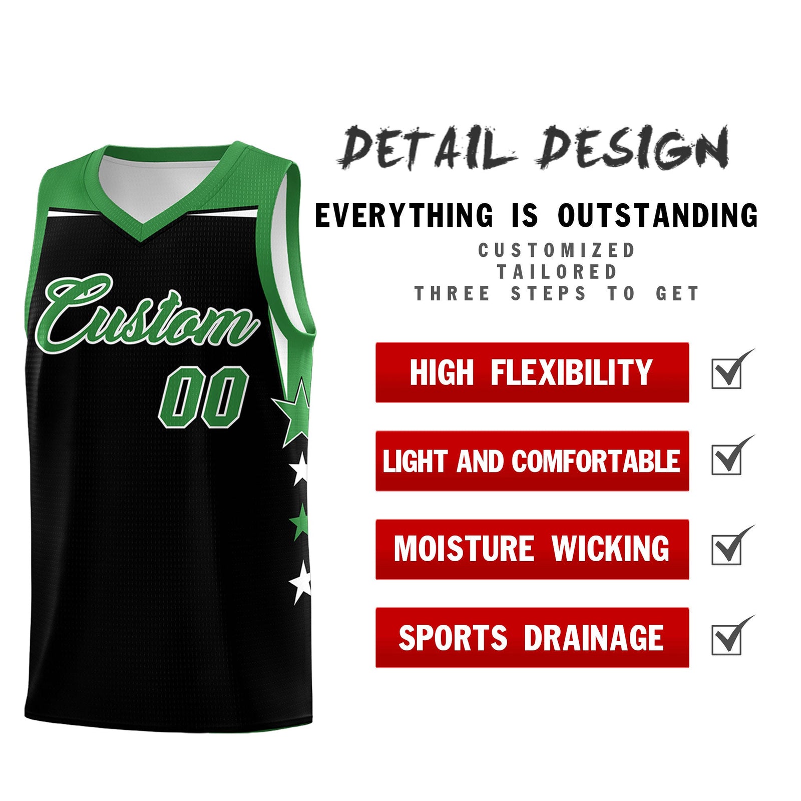 Custom Youth Basketball Uniform Black Kelly Green Two Tone Side Star Personalized Team Jersey