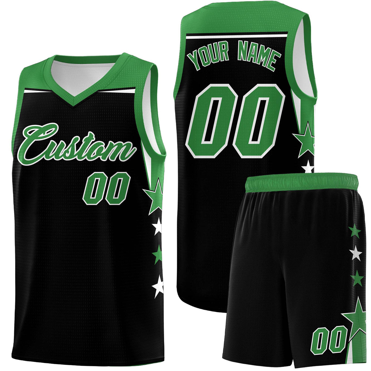 Custom Youth Basketball Uniform Black Kelly Green Two Tone Side Star Personalized Team Jersey