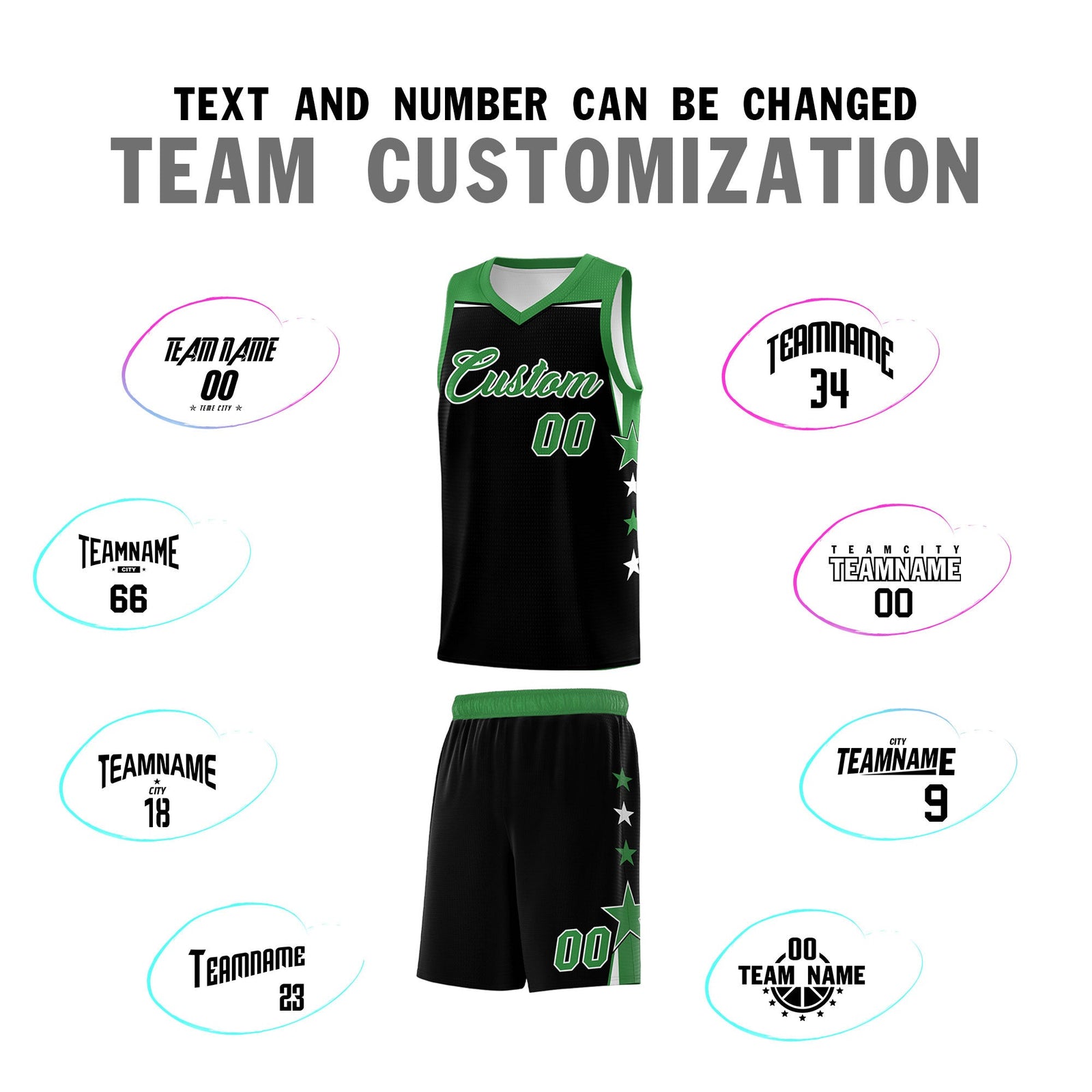 Custom Youth Basketball Uniform Black Kelly Green Two Tone Side Star Personalized Team Jersey