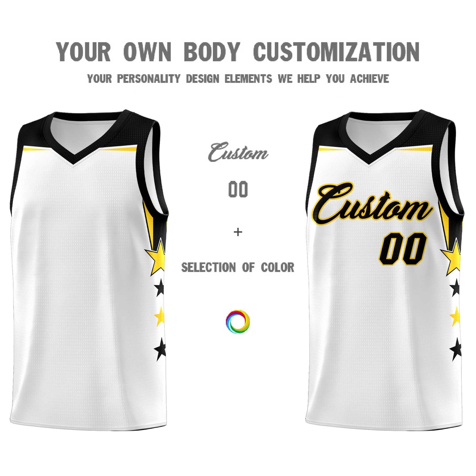 Custom Youth Basketball Uniform White Black Two Tone Side Star Color Block Team Jersey