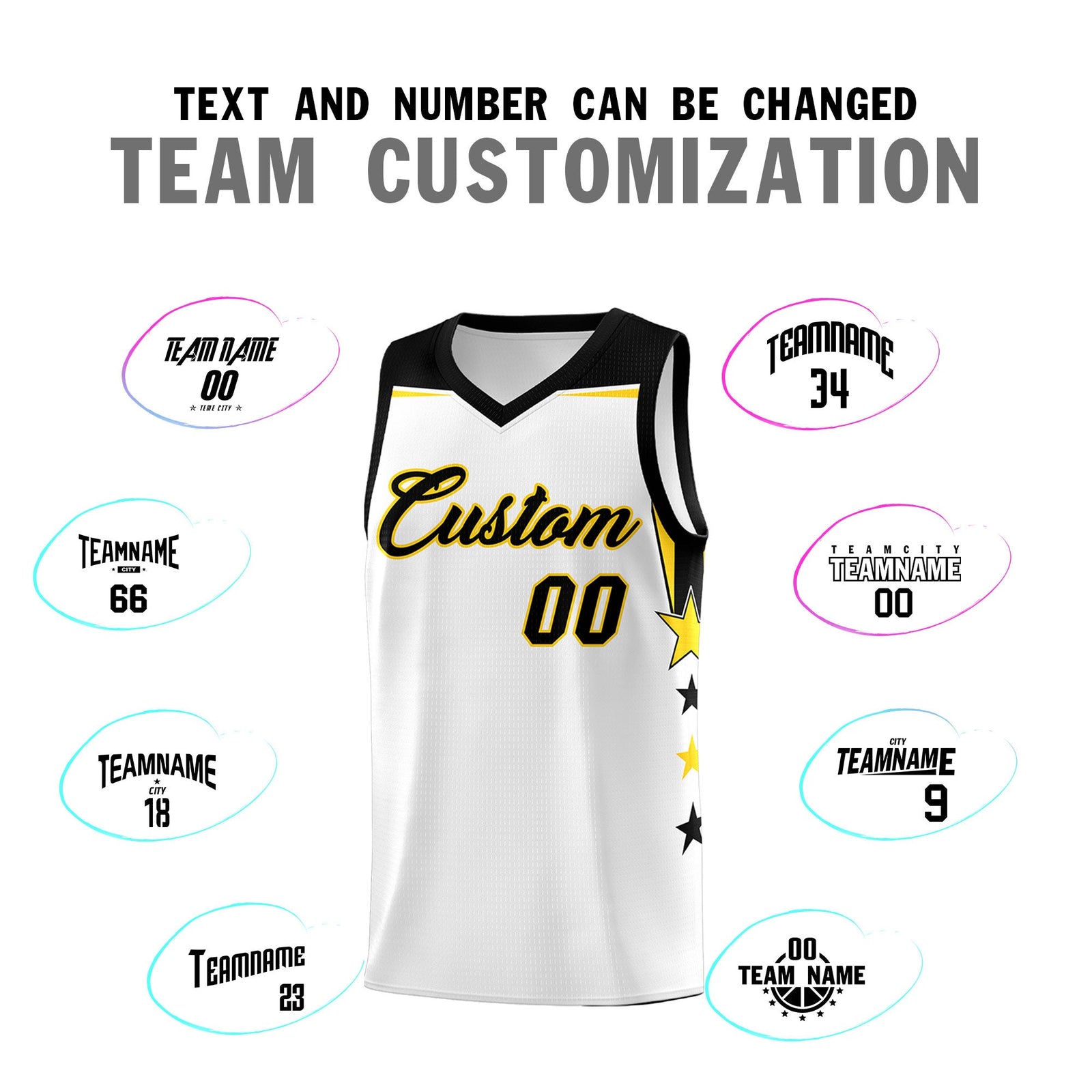 Custom Youth Basketball Uniform White Black Two Tone Side Star Color Block Team Jersey